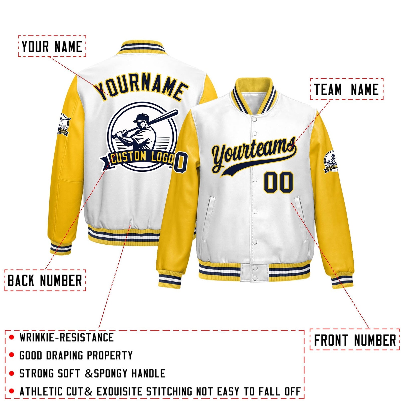 Custom Yellow White Raglan Sleeves Full-Snap Faux Leather Letterman Jacket| KXKSHOP