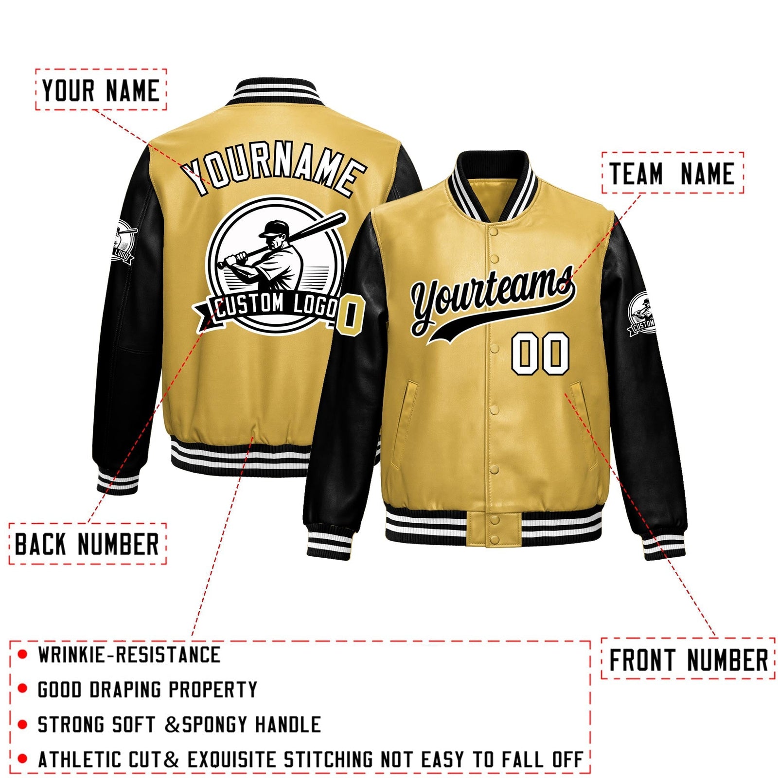 Custom Khaki Black Raglan Sleeves Full-Snap Faux Leather Letterman Jacket| KXKSHOP