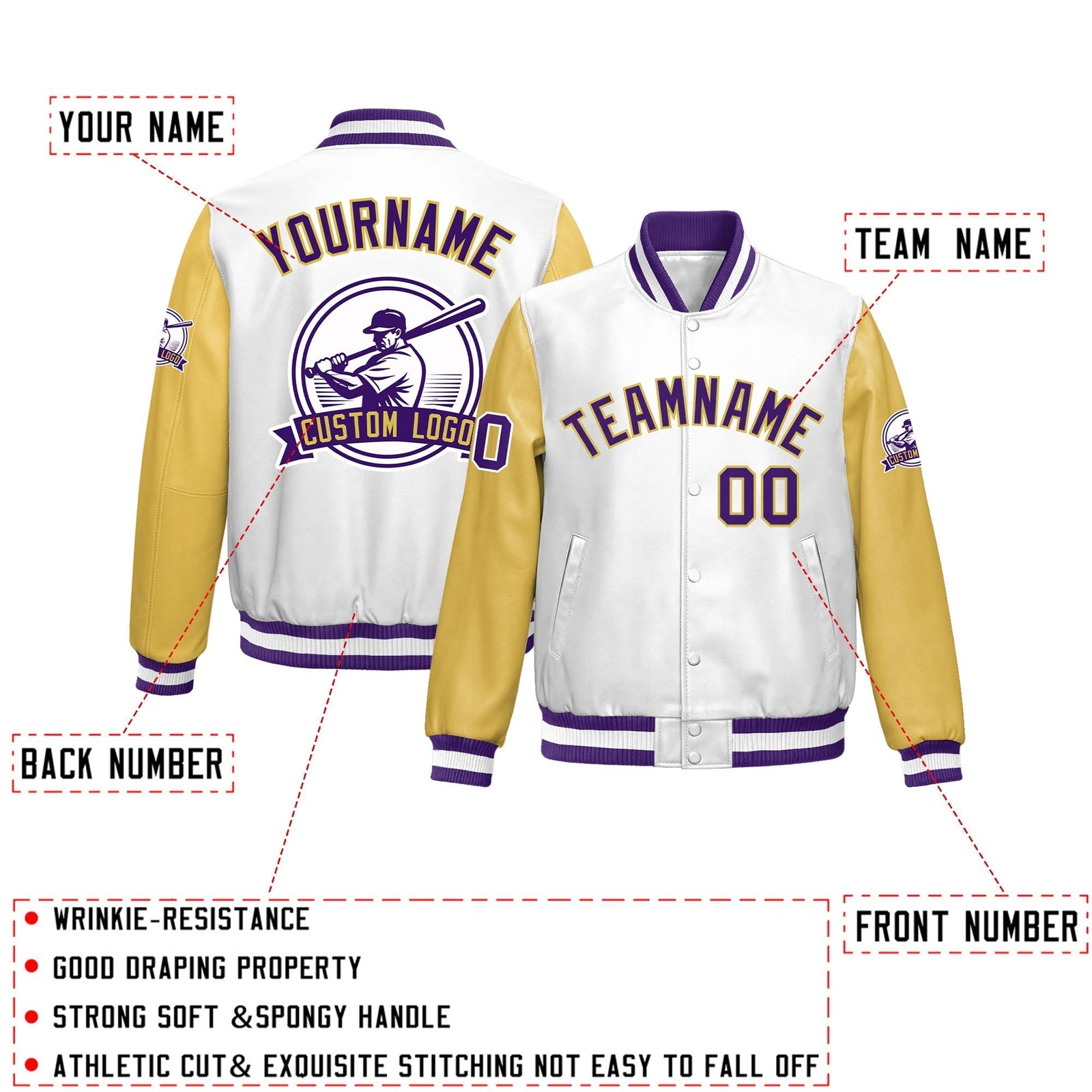 Custom Khaki Purple Raglan Sleeves Full-Snap Faux Leather Letterman Jacket| KXKSHOP