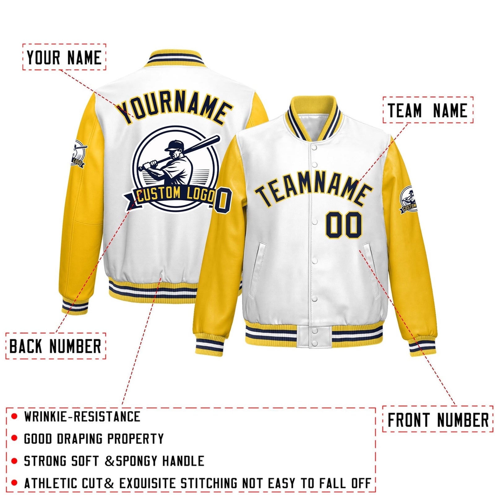 Custom Yellow White Raglan Sleeves Full-Snap Faux Leather Letterman Jacket| KXKSHOP