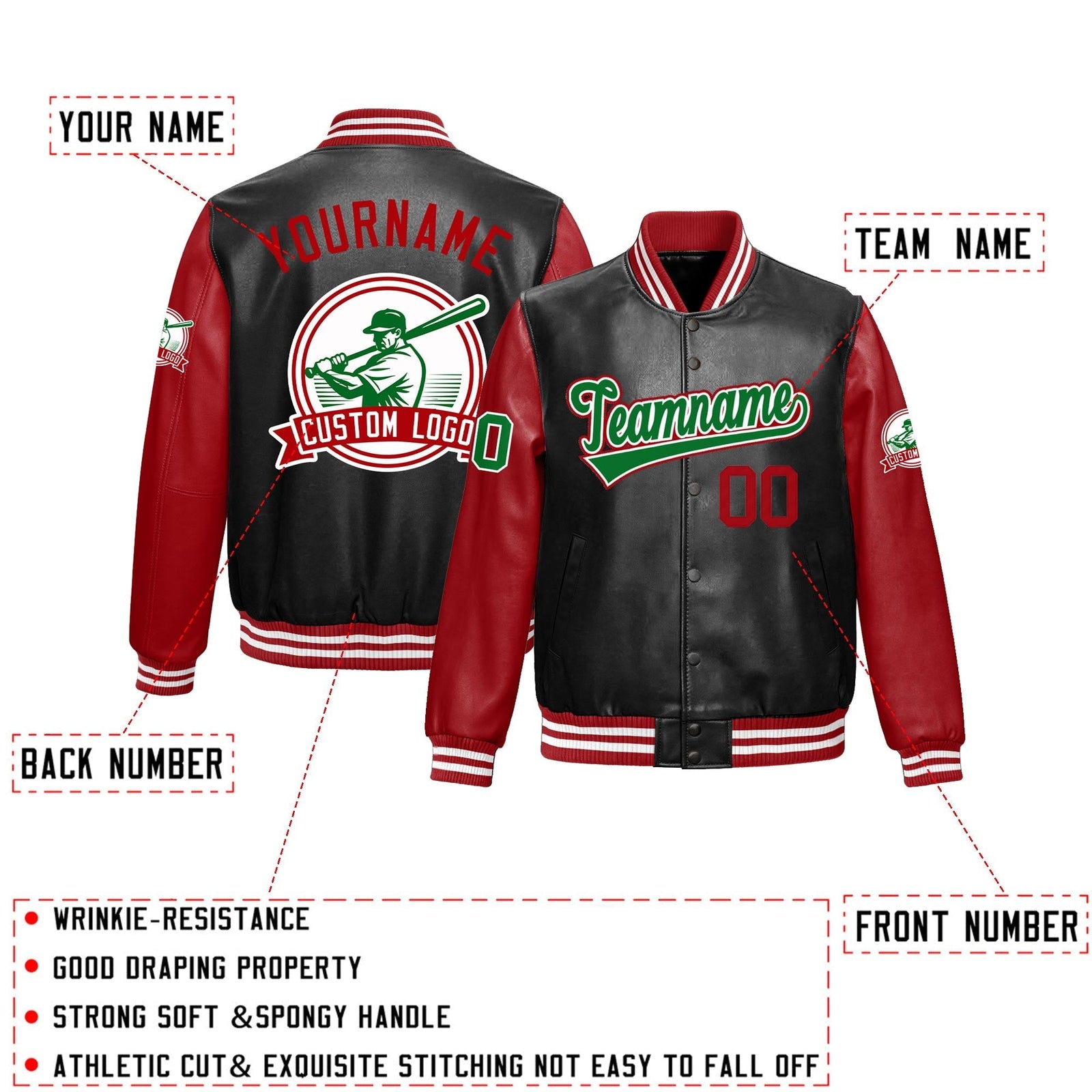 Custom Black Red Raglan Sleeves Full-Snap Faux Leather Letterman Jacket| KXKSHOP