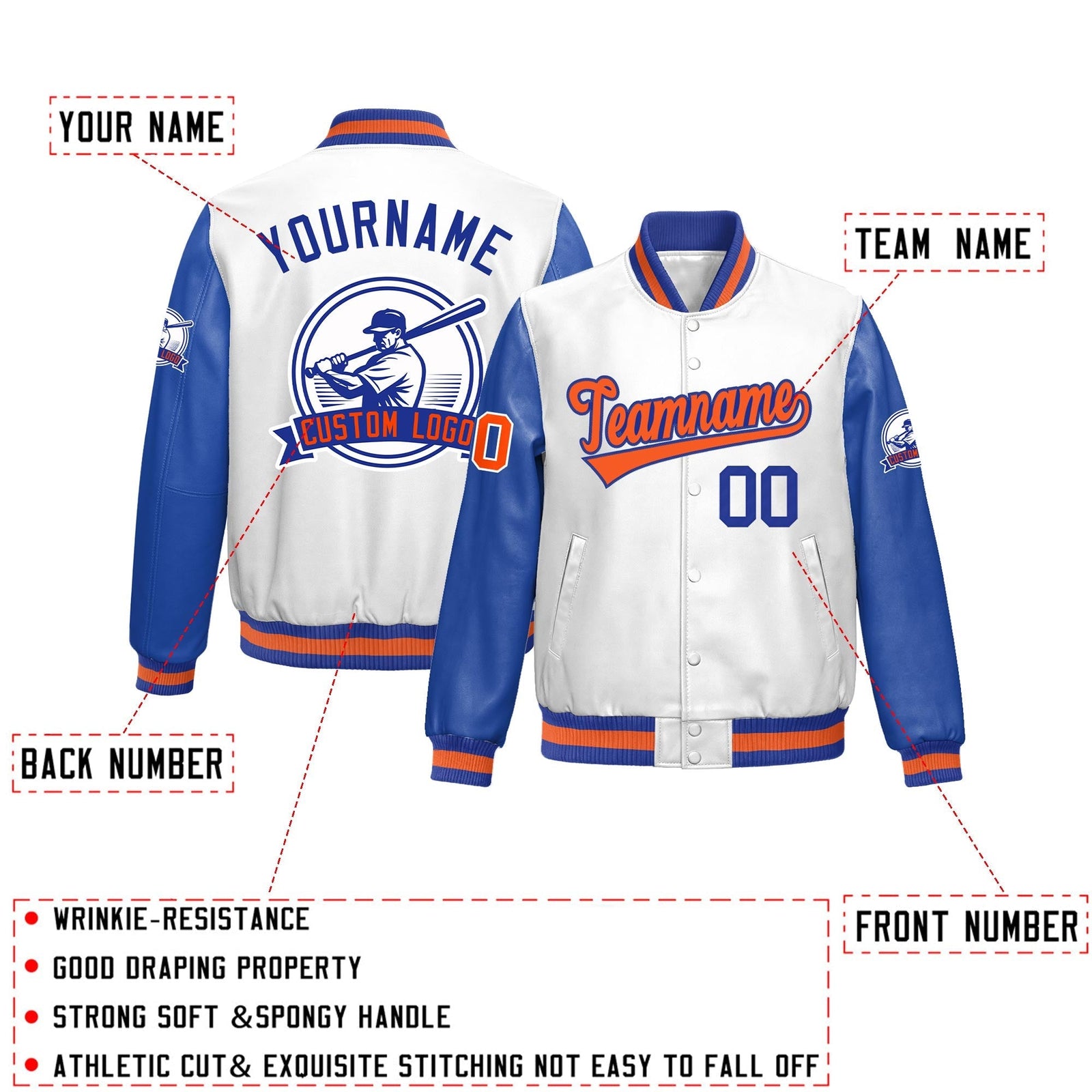 Custom Royal Blue Orange Raglan Sleeves Full-Snap Faux Leather Letterman Jacket| KXKSHOP