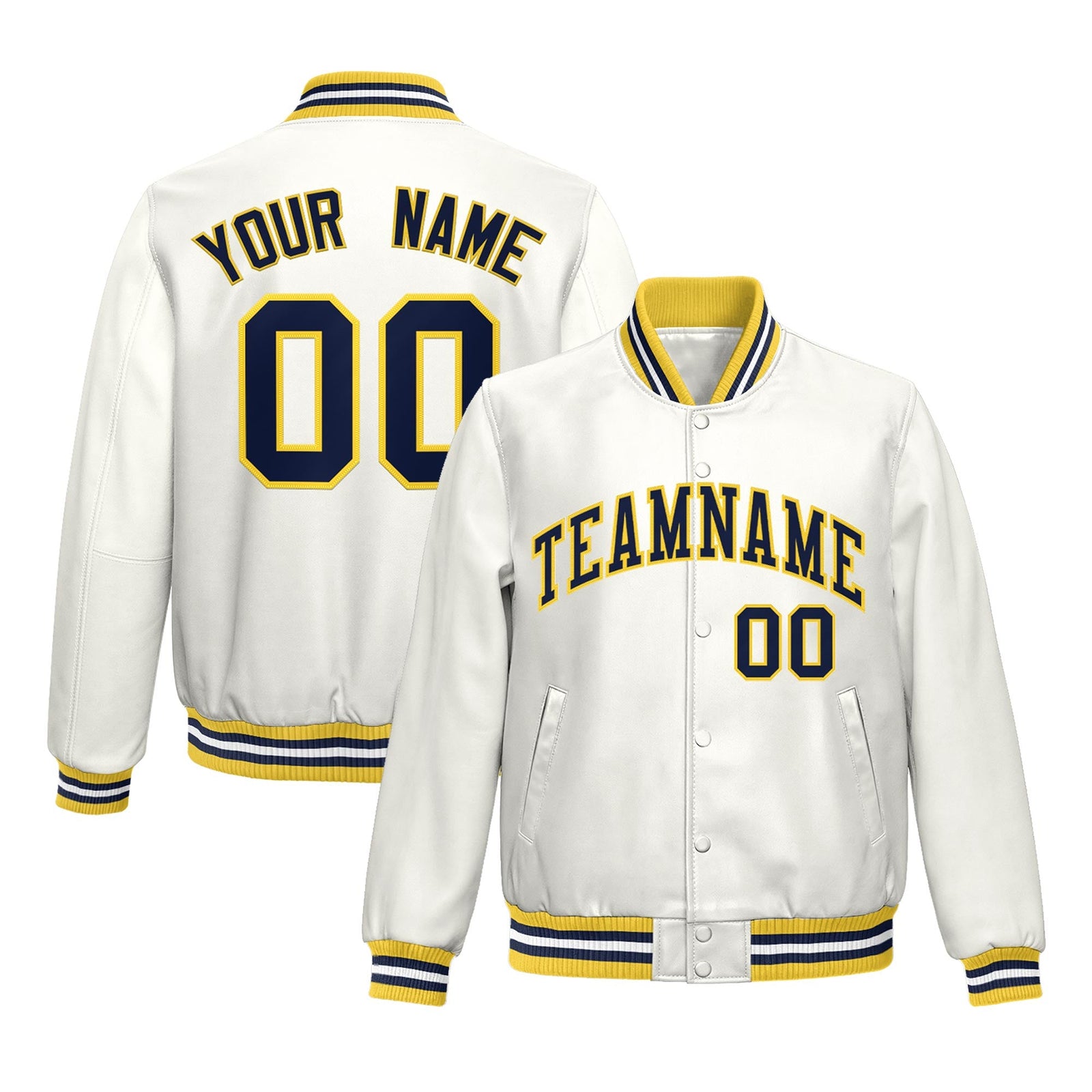Custom White Yellow Navy Full-Snap Varsity Faux Leather Letterman Jacket| KXKSHOP