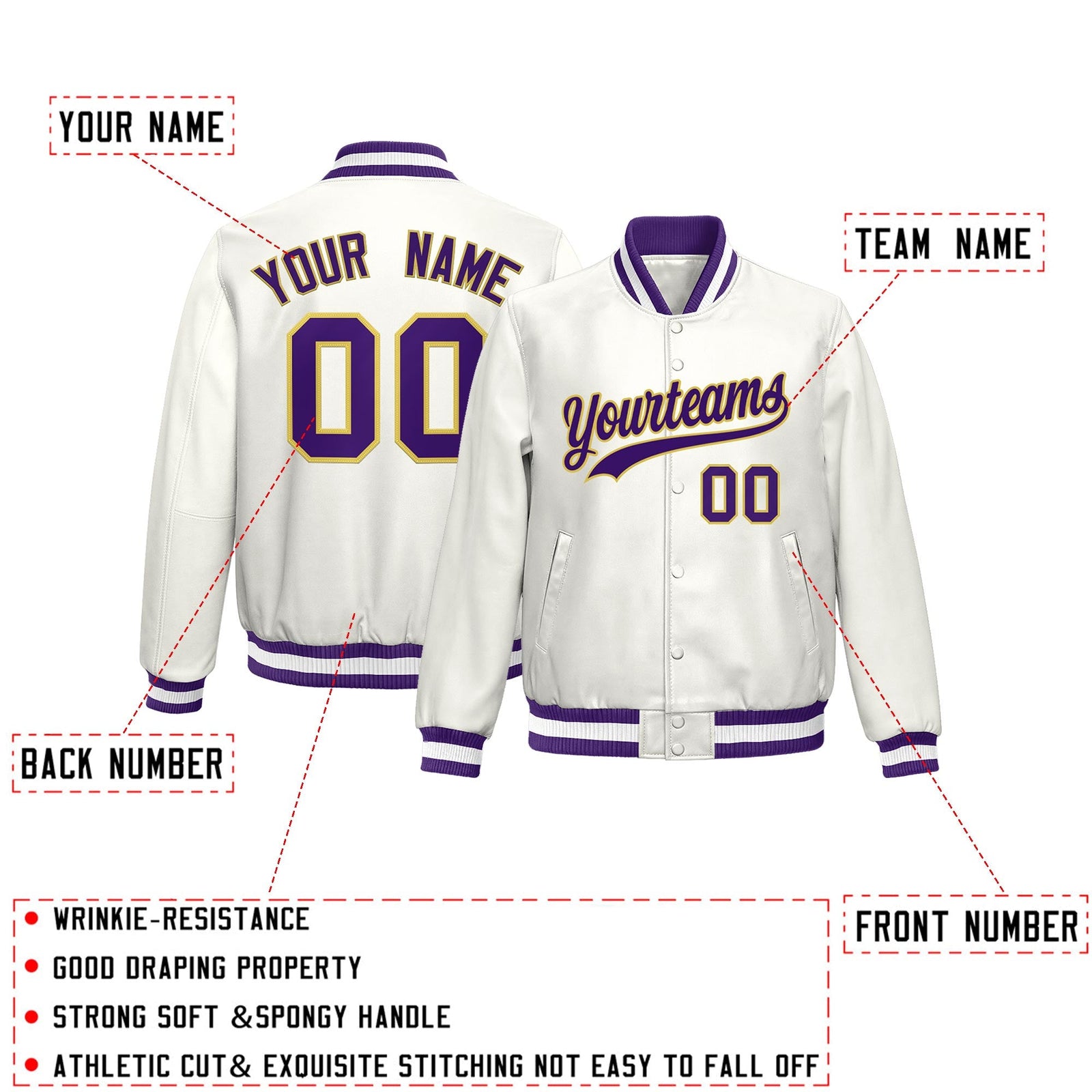 Custom Purple White Full-Snap Varsity Faux Leather Letterman Jacket| KXKSHOP