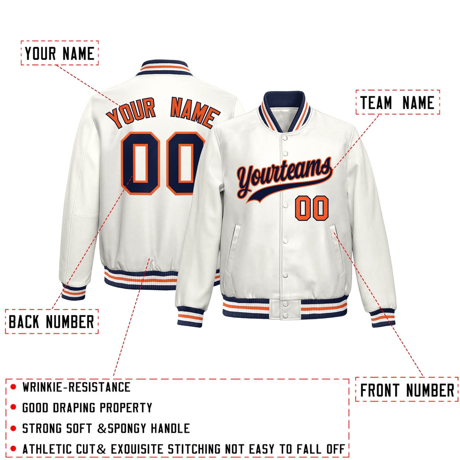 Custom White Navy Orange Full-Snap Varsity Faux Leather Letterman Jacket| KXKSHOP