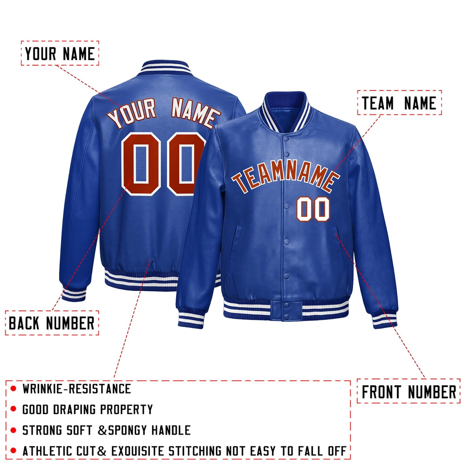 Custom Royal Blue Red Full-Snap Varsity Faux Leather Letterman Jacket| KXKSHOP