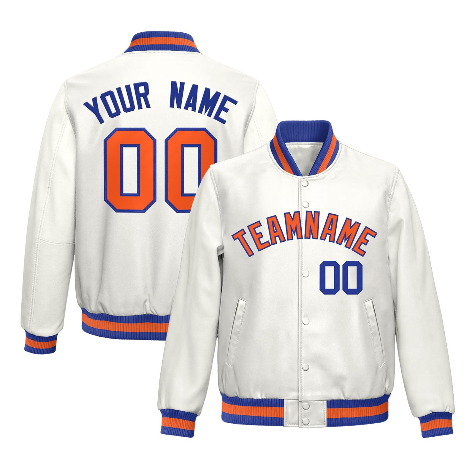 Custom White Royal Blue Orange Full-Snap Varsity Faux Leather Letterman Jacket| KXKSHOP