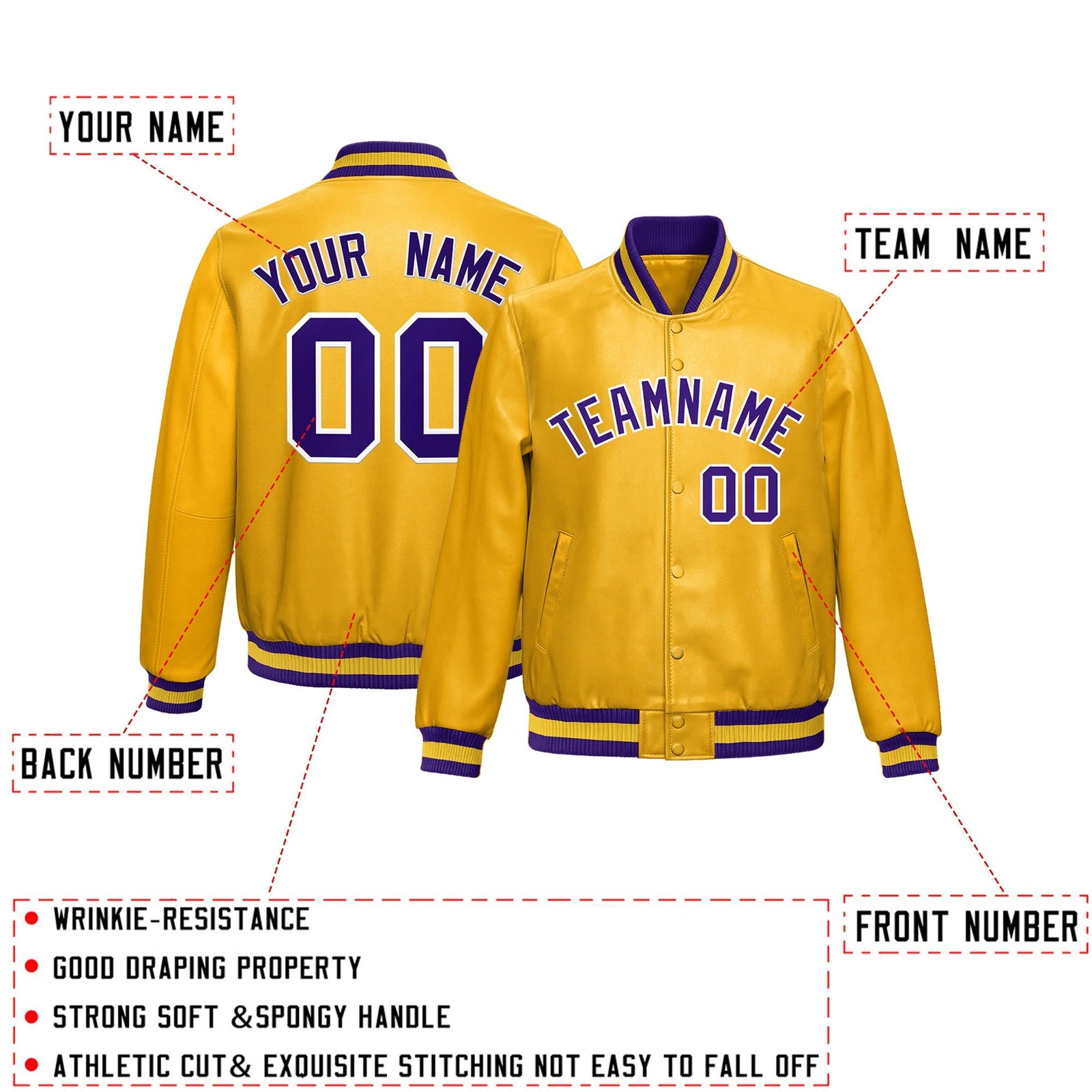 Custom Yellow Purple Full-Snap Varsity Faux Leather Letterman Jacket| KXKSHOP
