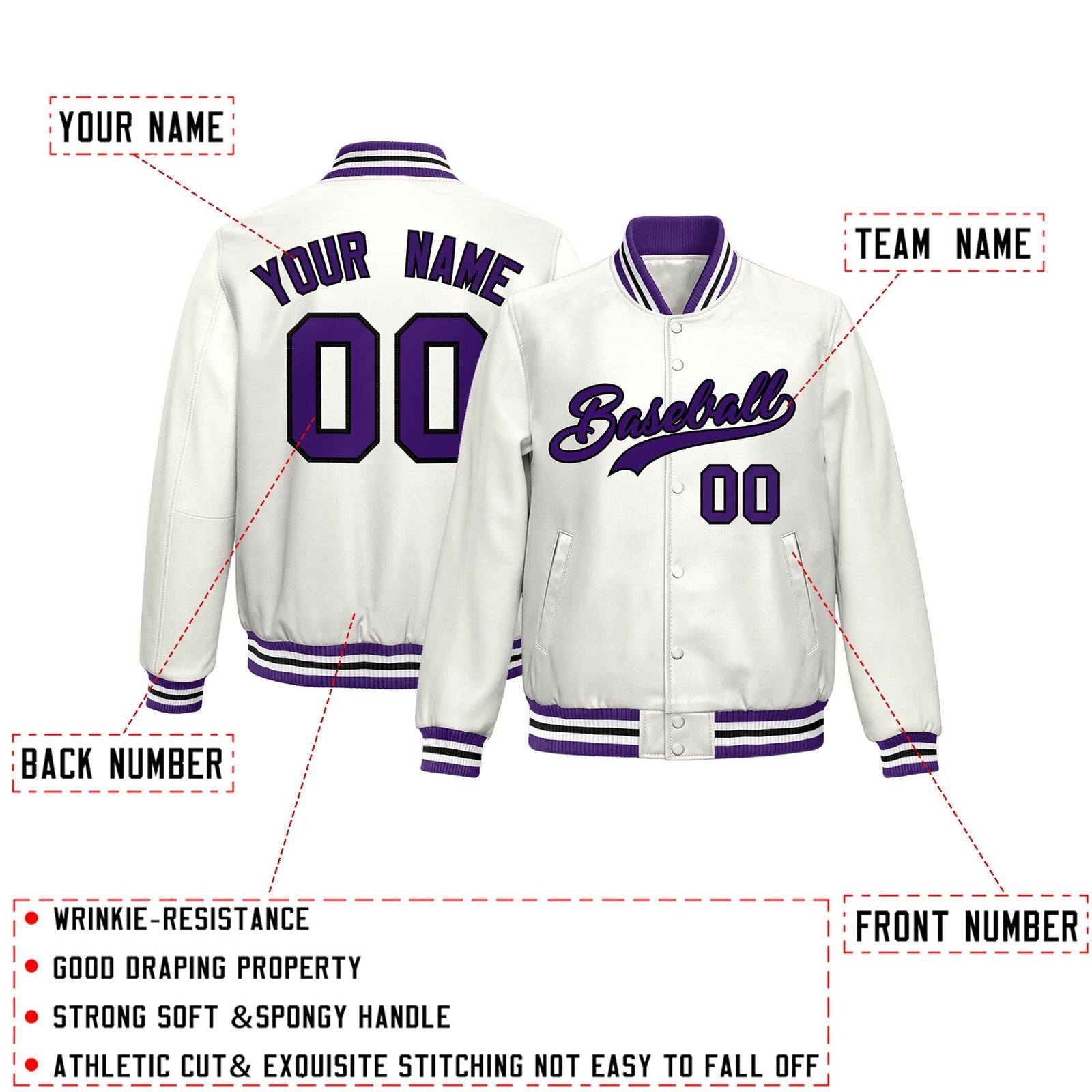 Custom White Purple Full-Snap Varsity Faux Leather Letterman Jacket| KXKSHOP