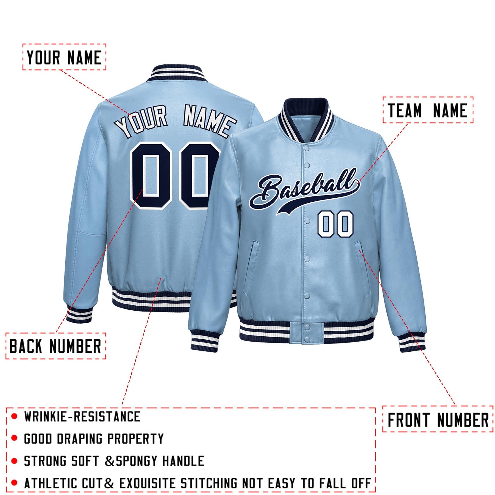 Custom Powder Blue Navy Full-Snap Varsity Faux Leather Letterman Jacket| KXKSHOP