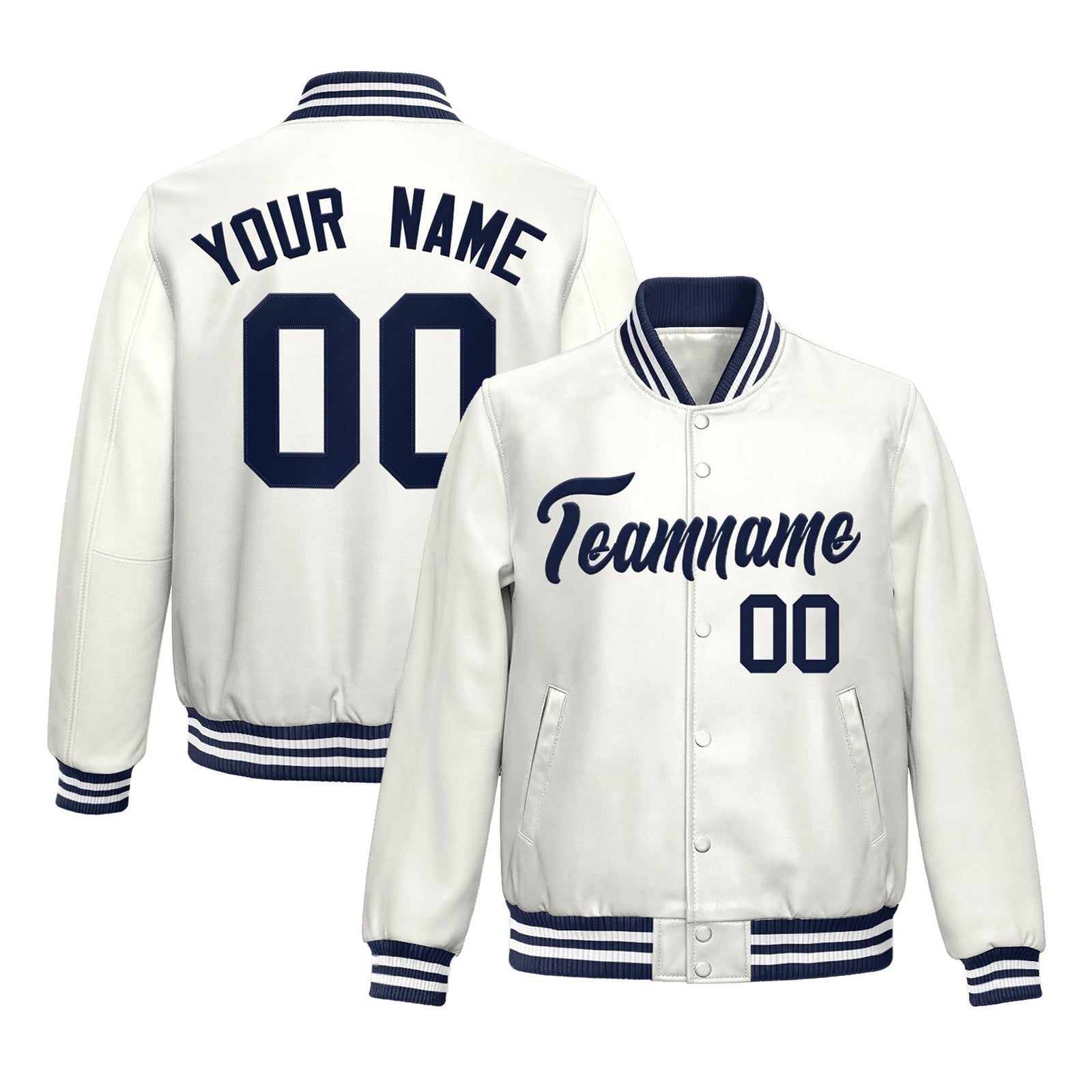 Custom White Navy Full-Snap Varsity Faux Leather Letterman Jacket| KXKSHOP