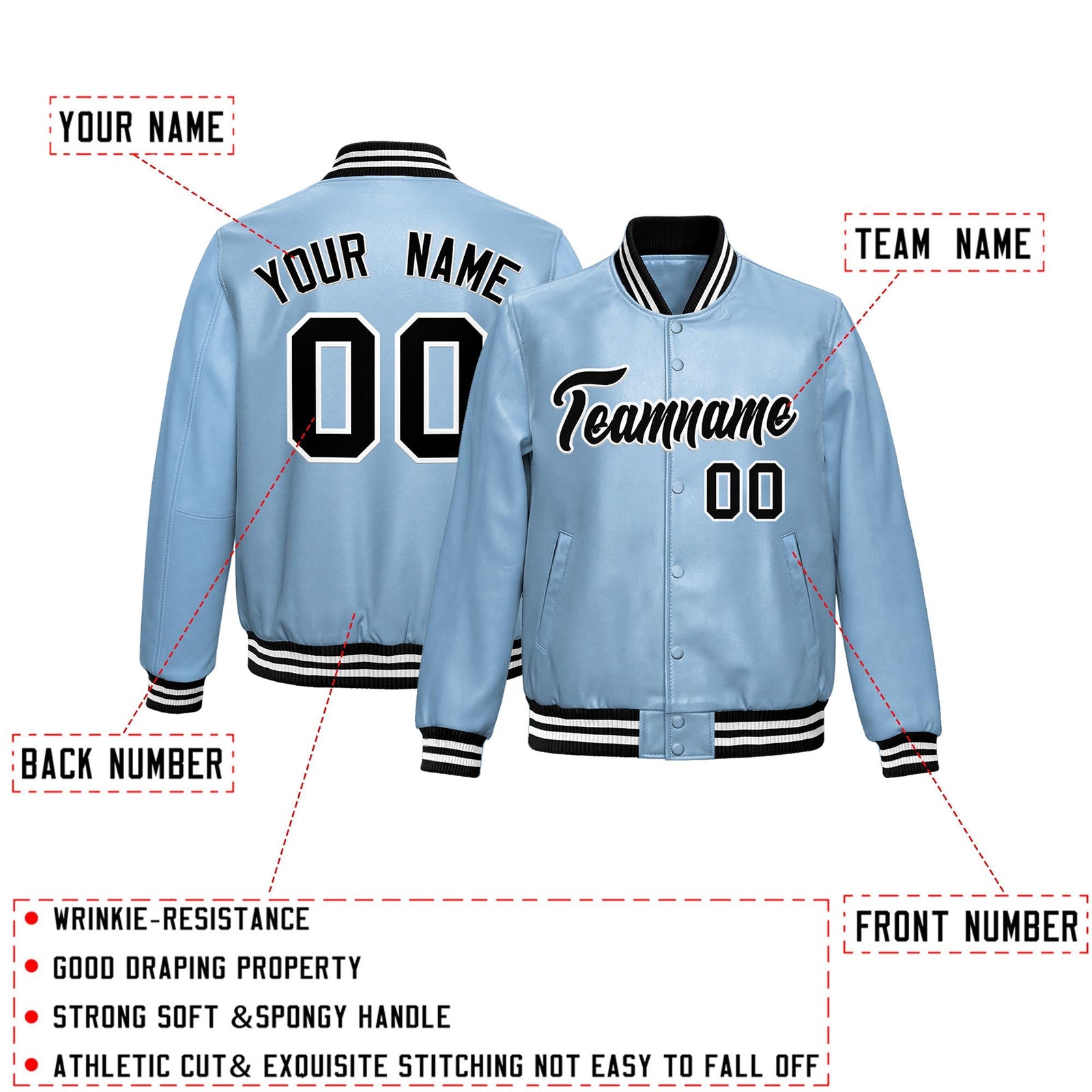 Custom Powder Blue Black Full-Snap Varsity Faux Leather Letterman Jacket| KXKSHOP