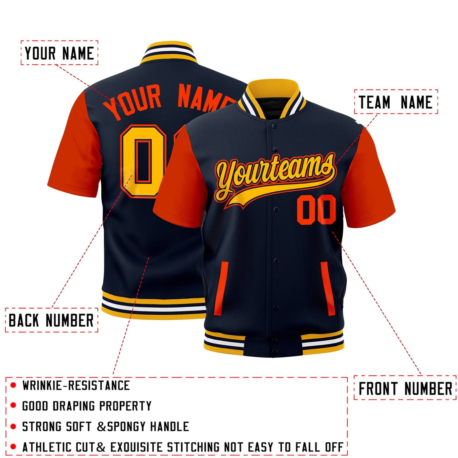 Custom Orange Gold Navy Full-Snap Classic Style Jacket| KXKSHOP