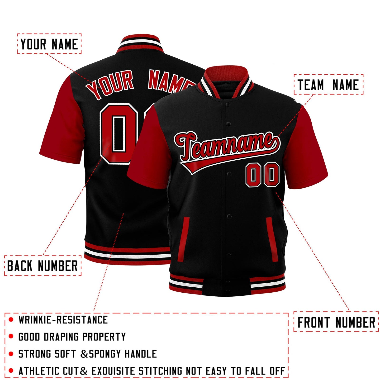 Custom Red Black White Full-Snap Classic Style Jacket| KXKSHOP