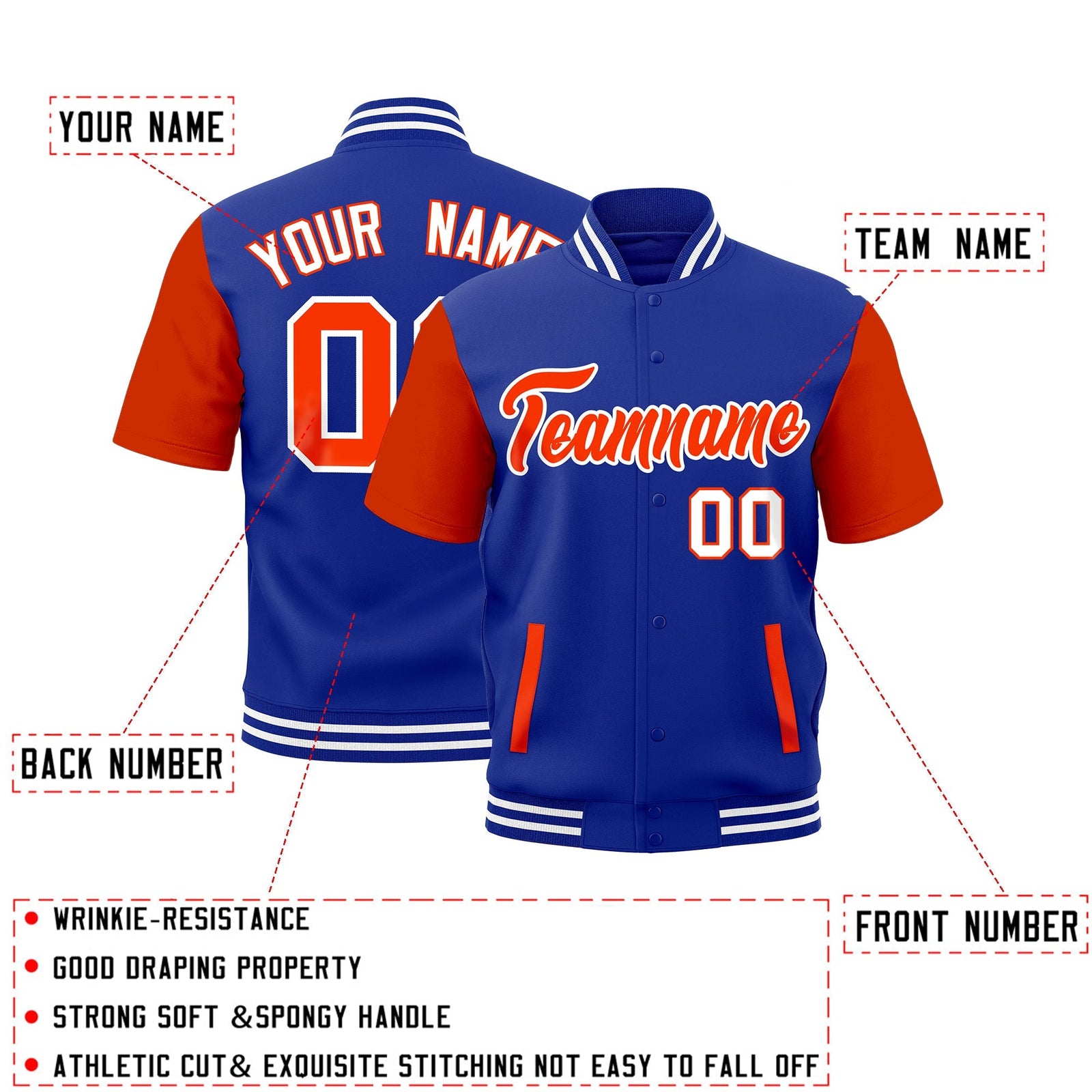 Custom Orange Royal Blue White Full-Snap Classic Style Jacket| KXKSHOP