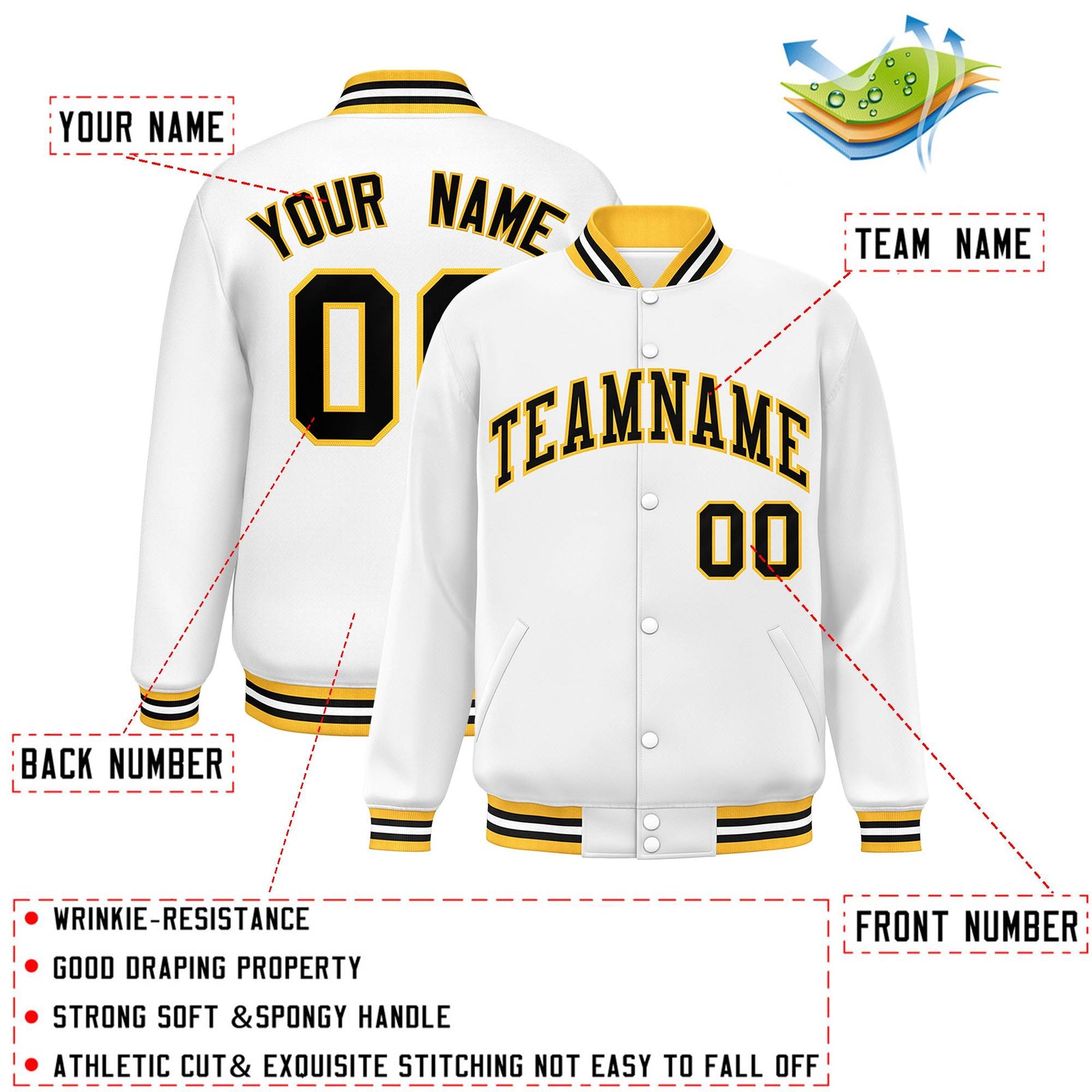 Custom White Black-Gold Letterman Two Tone Classic Style Varsity Full-Snap Jacket