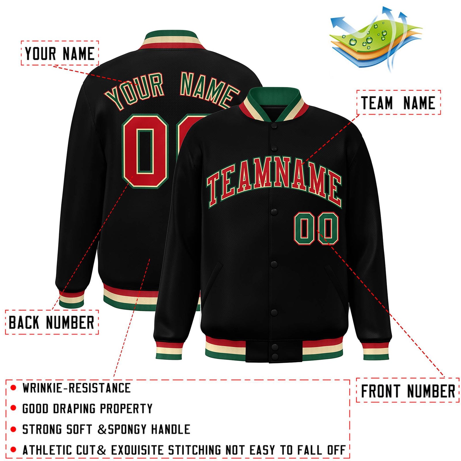 Custom Black Red-Khaki Classic Style Varsity Full-Snap Letterman Jacket
