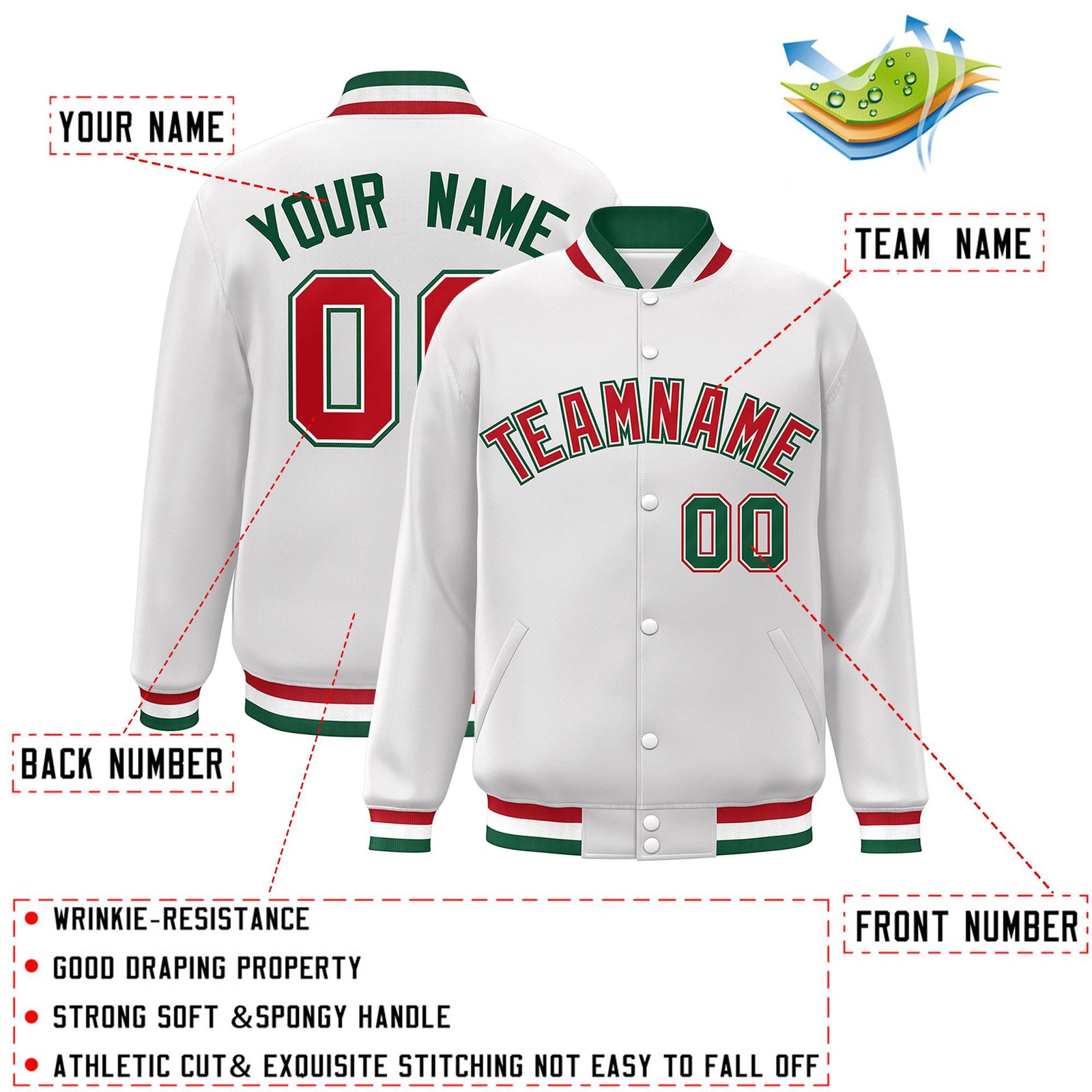 Custom White Red-White Classic Style Varsity Full-Snap Letterman Jacket