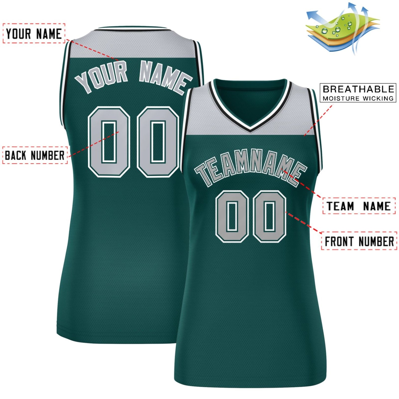 Custom Gray Midnight Green Color Block Fashion Tops Mesh Basketball Jersey For Women
