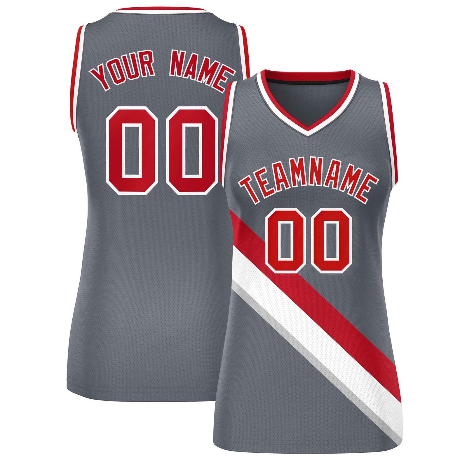 Custom Dark Gray White-Red Thick Slash Fashion Tops Mesh Basketball Jersey For Women