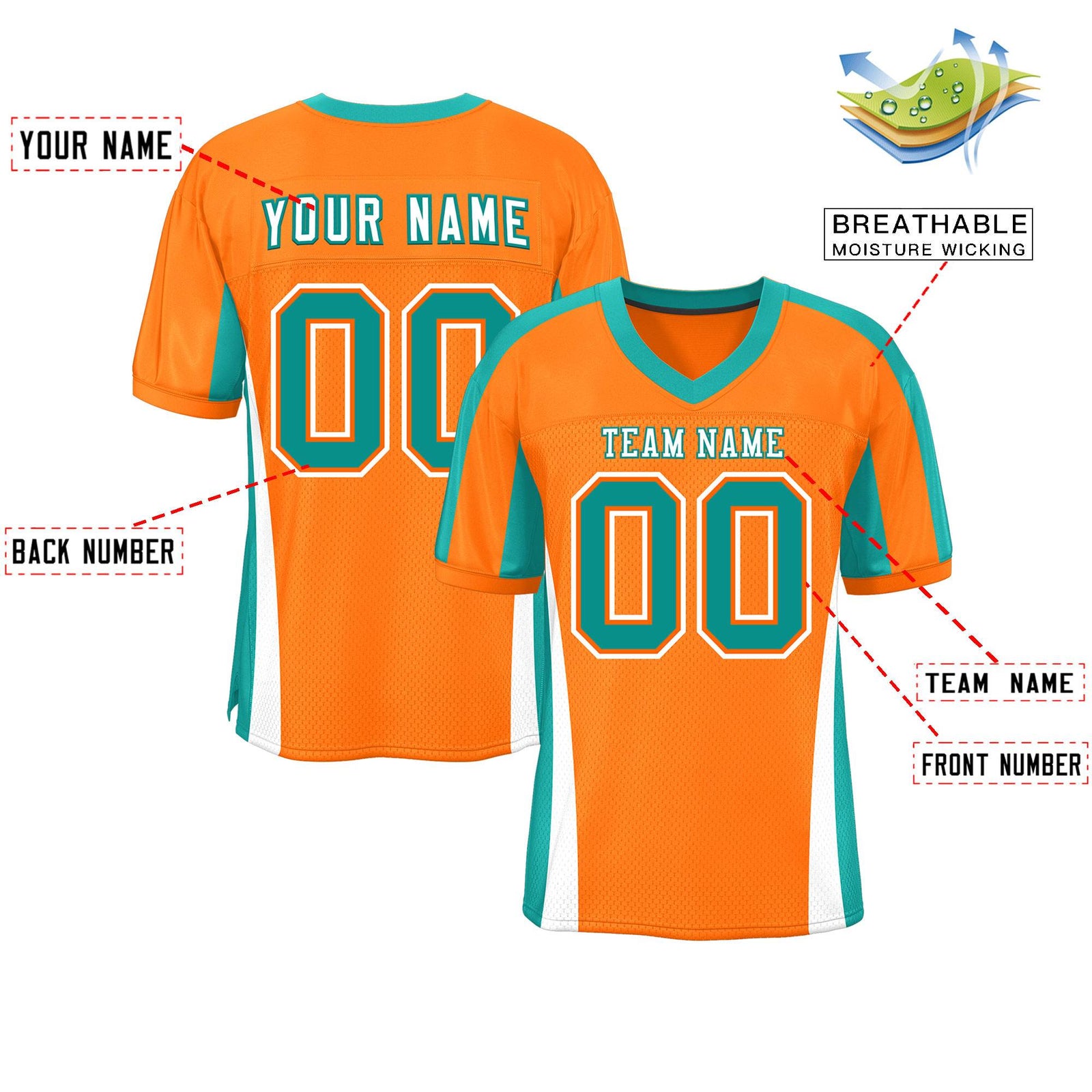 Custom Orange Color Block Mesh Authentic Football Jersey