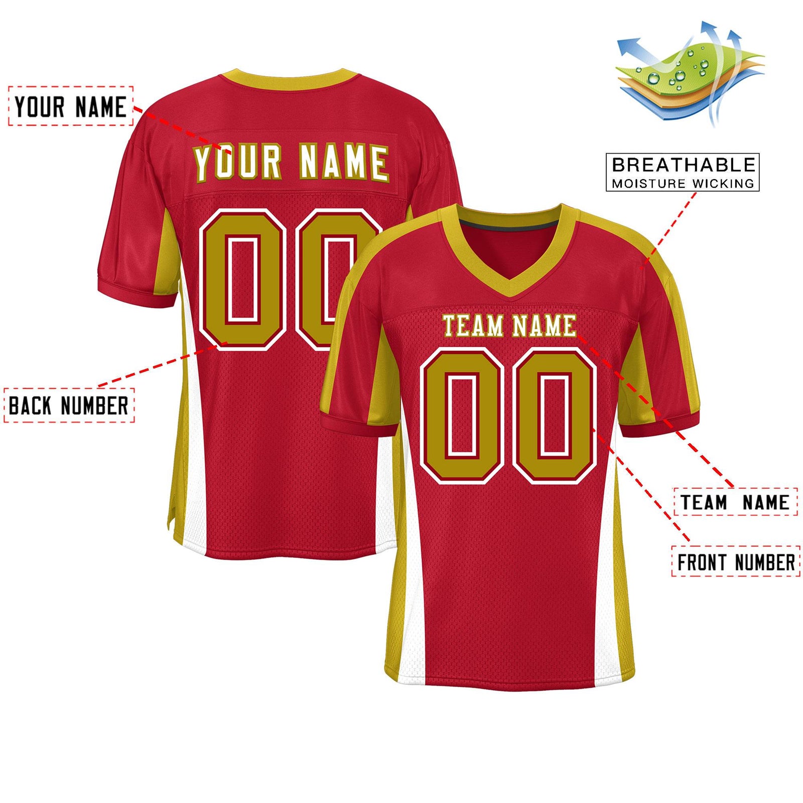 Custom Red Color Block Mesh Authentic Football Jersey