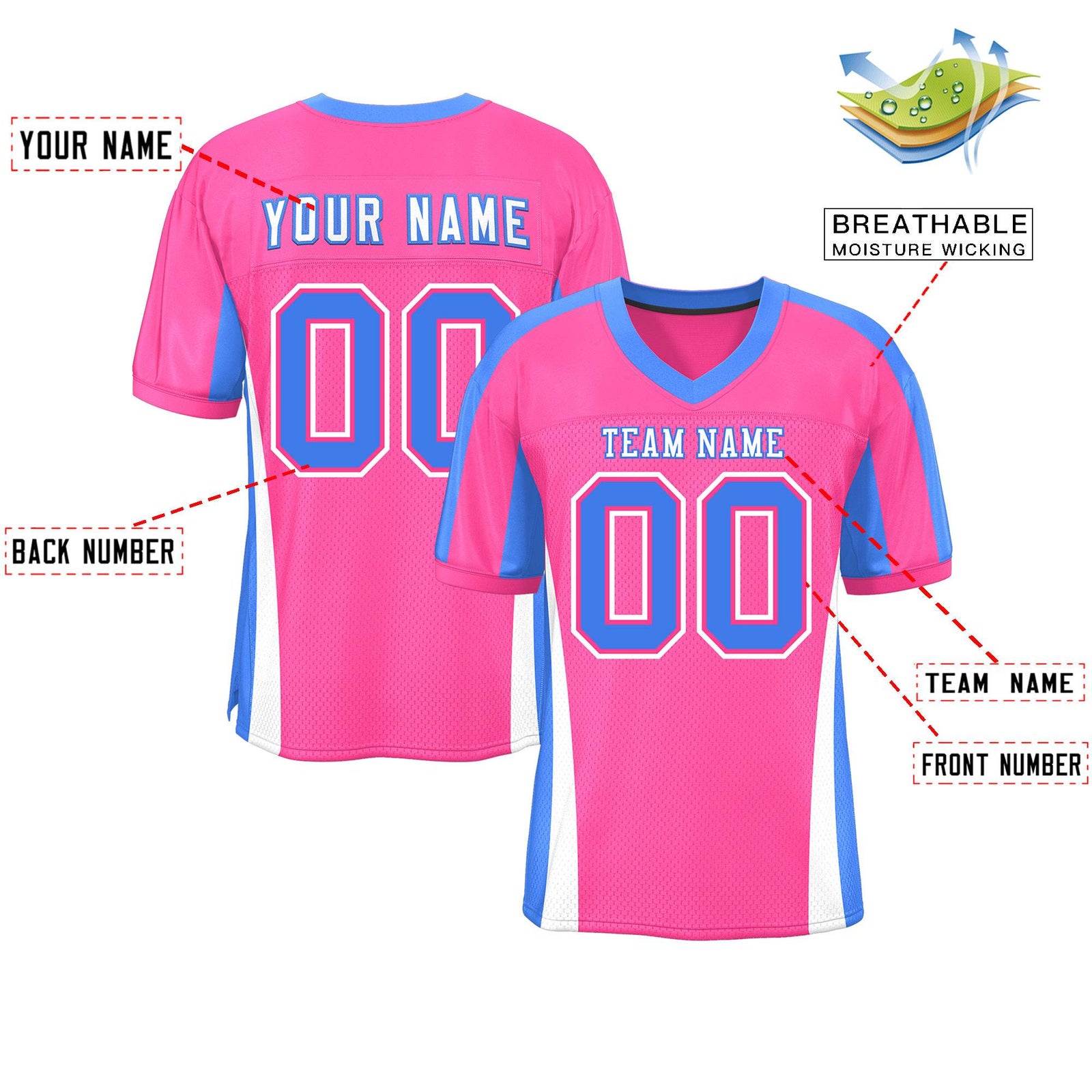 Custom Pink Color Block Mesh Authentic Football Jersey
