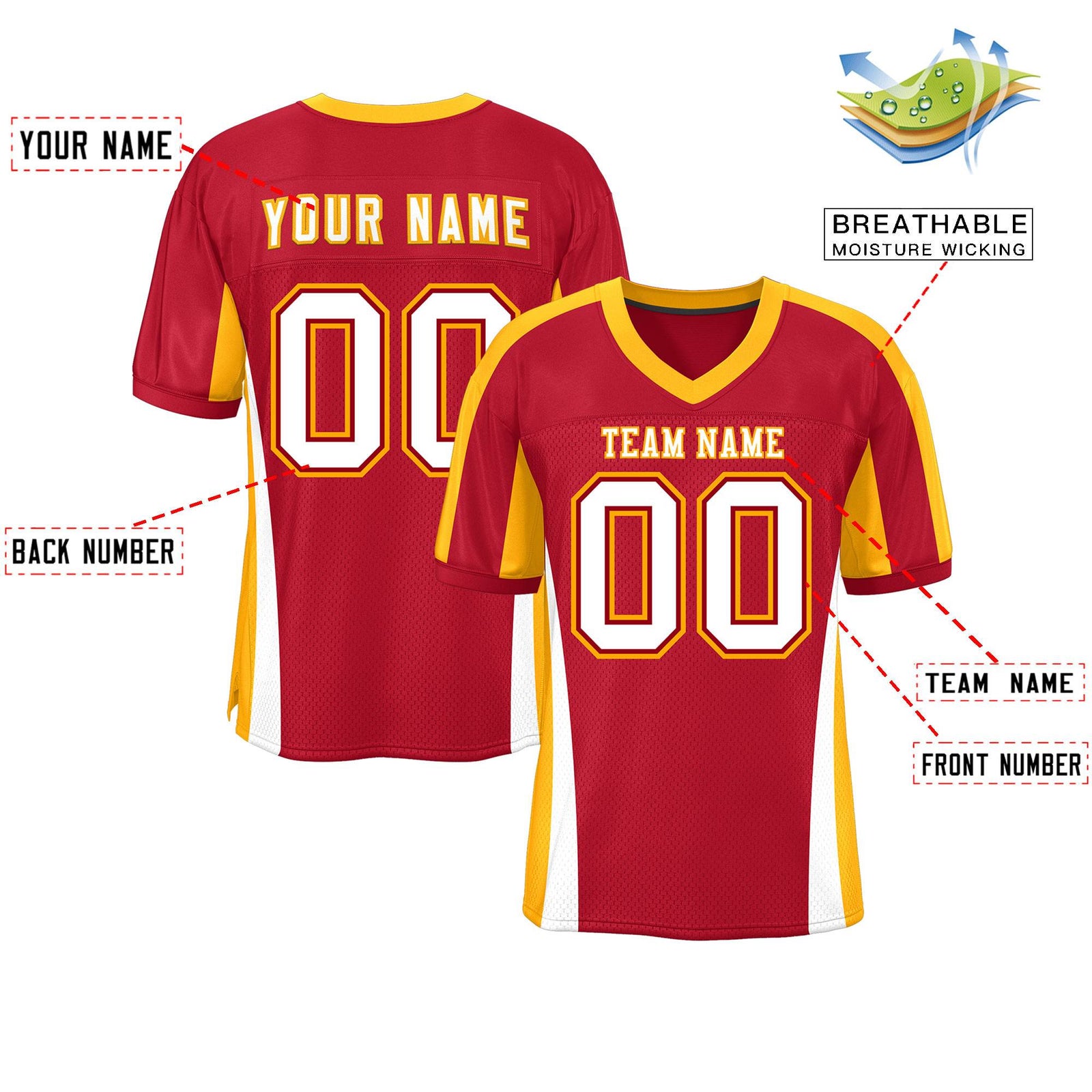 Custom Red Color Block Mesh Authentic Football Jersey