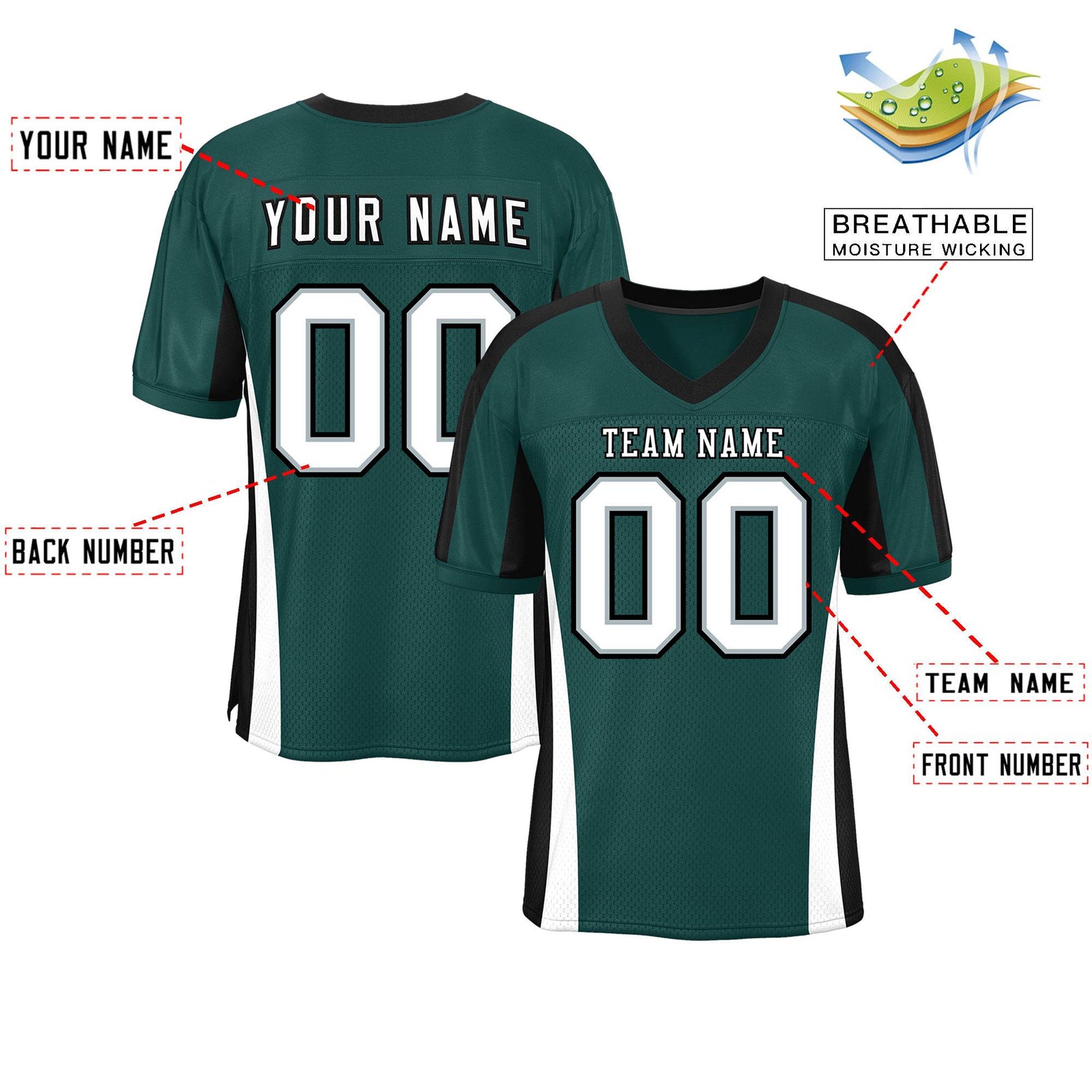 Custom Midnight Green Color Block Mesh Authentic Football Jersey
