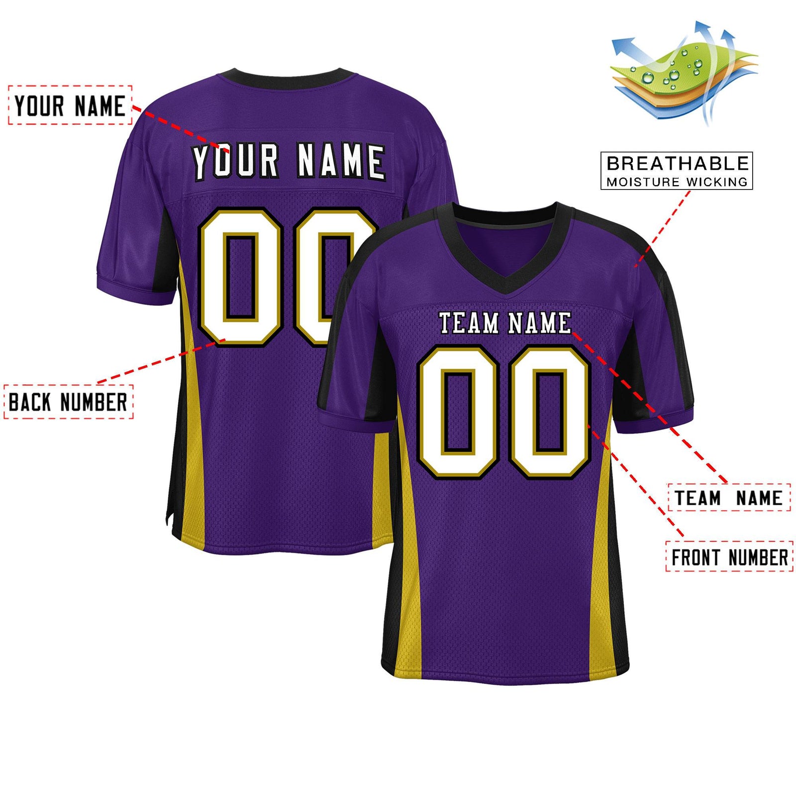 Custom Purple Color Block Mesh Authentic Football Jersey