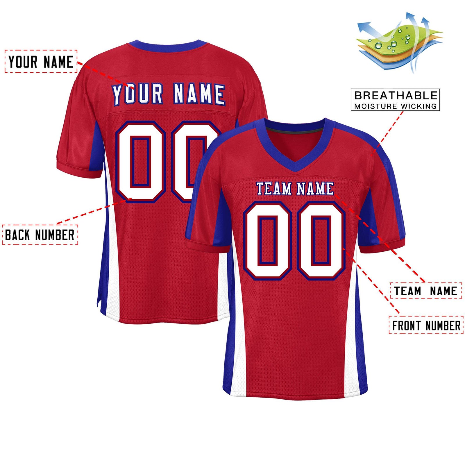 Custom Red Color Block Mesh Authentic Football Jersey
