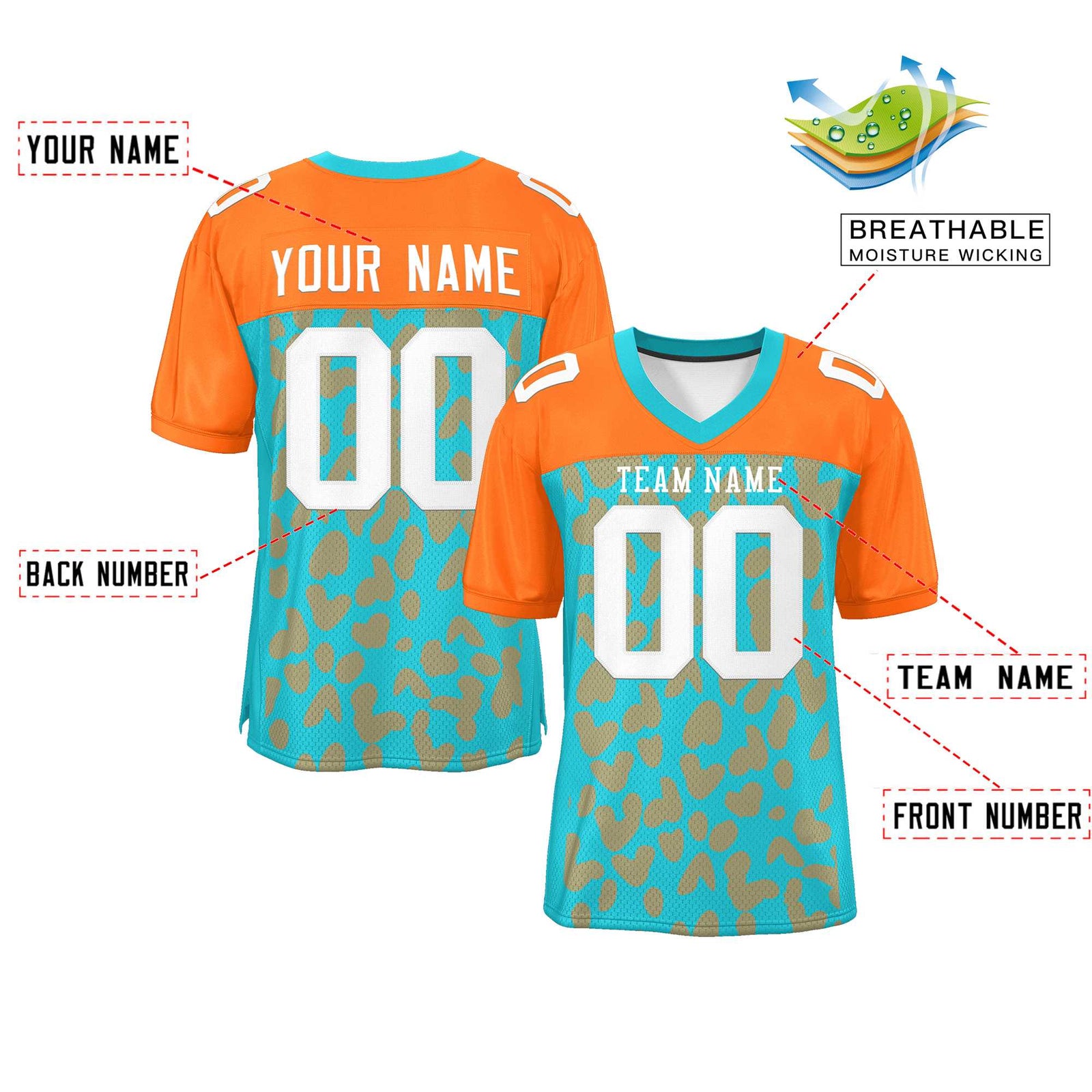 Custom Aqua Orange Raglan Sleeves Personalized Camo Authentic Football Jersey