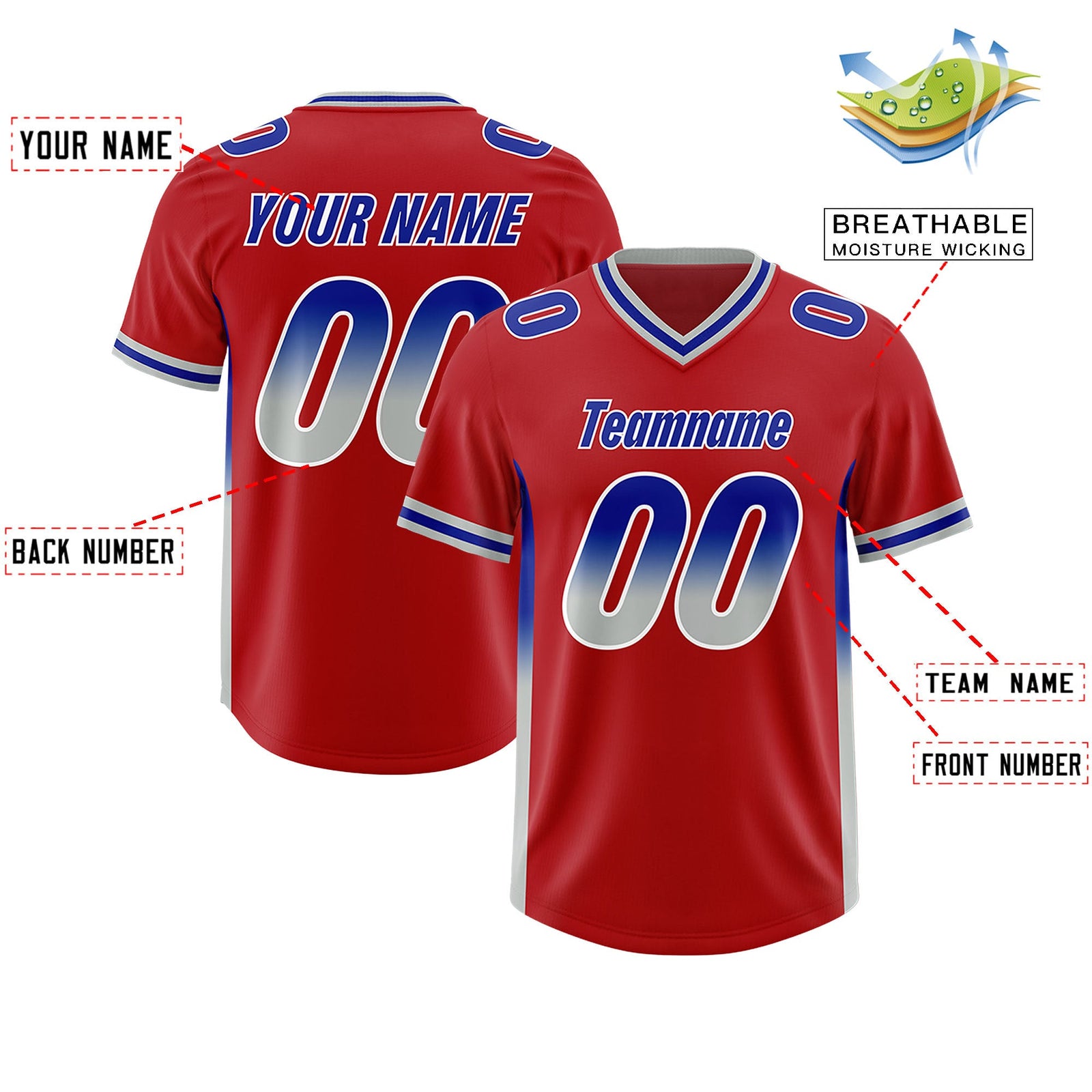 Custom Red Royal and Gray Sides Gradient Fashion Personalized Team Football Jersey