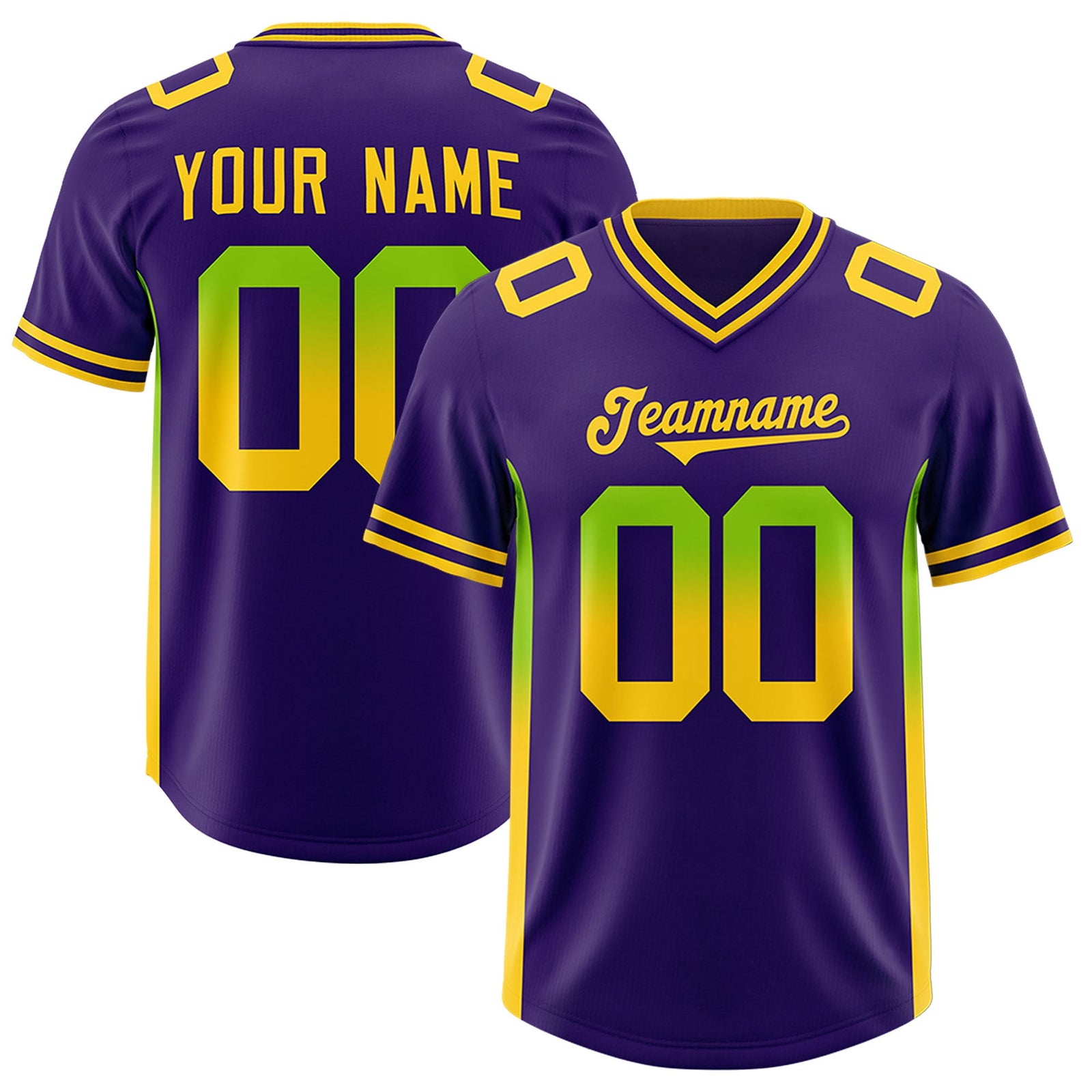 Custom Purple Neon Green and Gold Sides Gradient Fashion Personalized Team Football Jersey