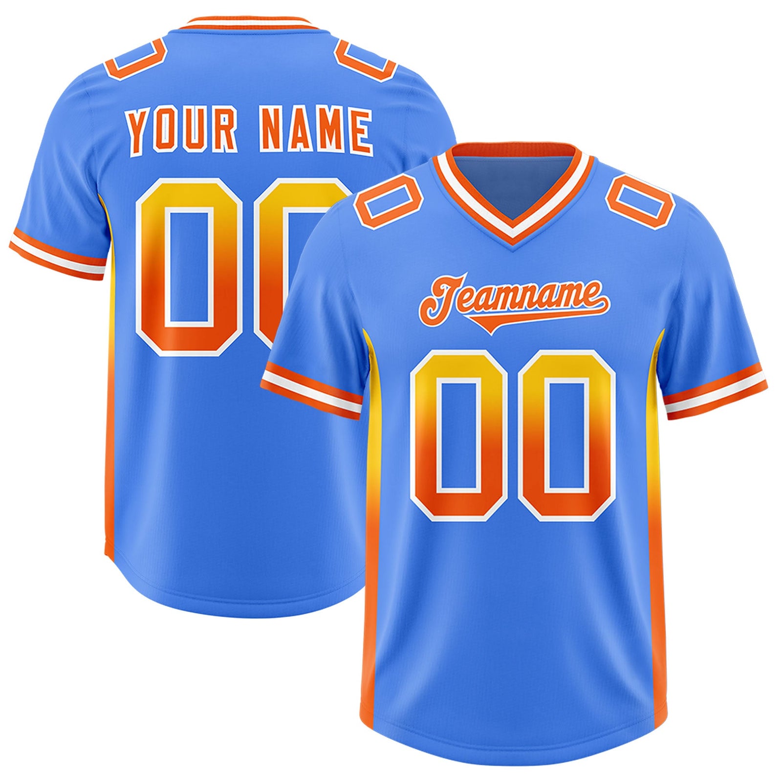 Custom Powder Blue Gold and Sides Gradient Fashion Personalized Team Football Jersey