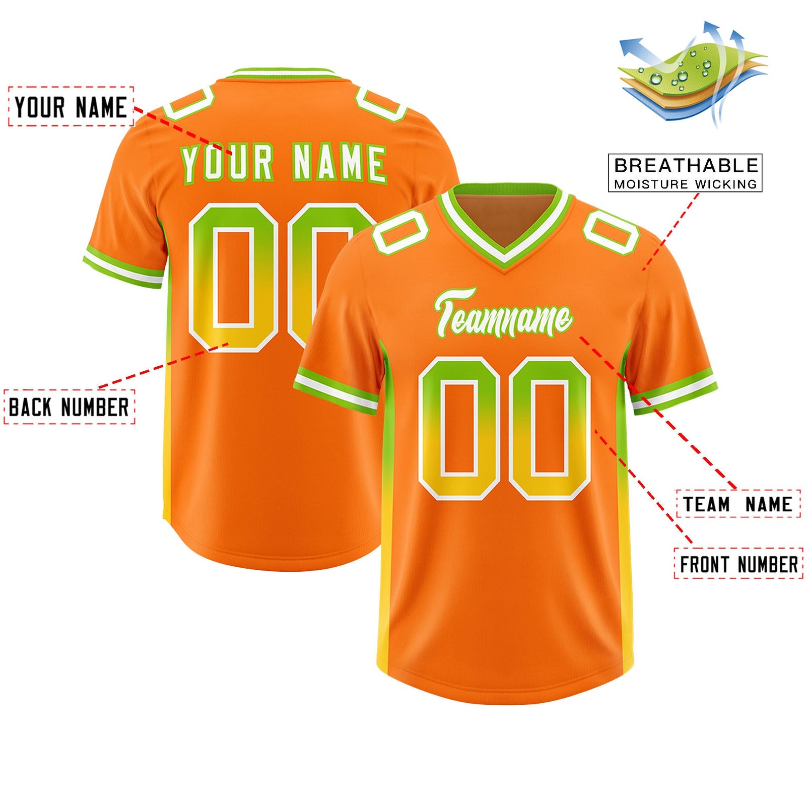 Custom Orange Neon Green and Gold Sides Gradient Fashion Personalized Team Football Jersey
