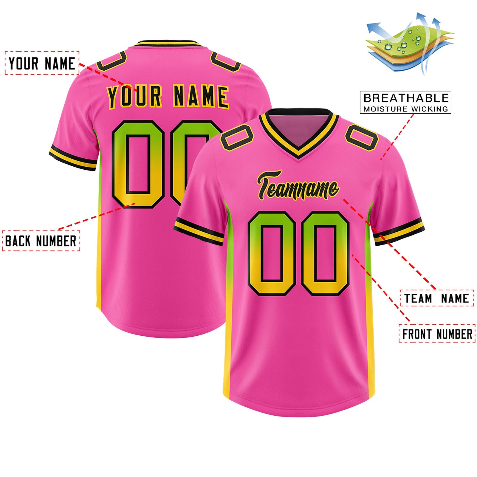 Custom Pink Neon Green and Gold Sides Gradient Fashion Personalized Team Football Jersey