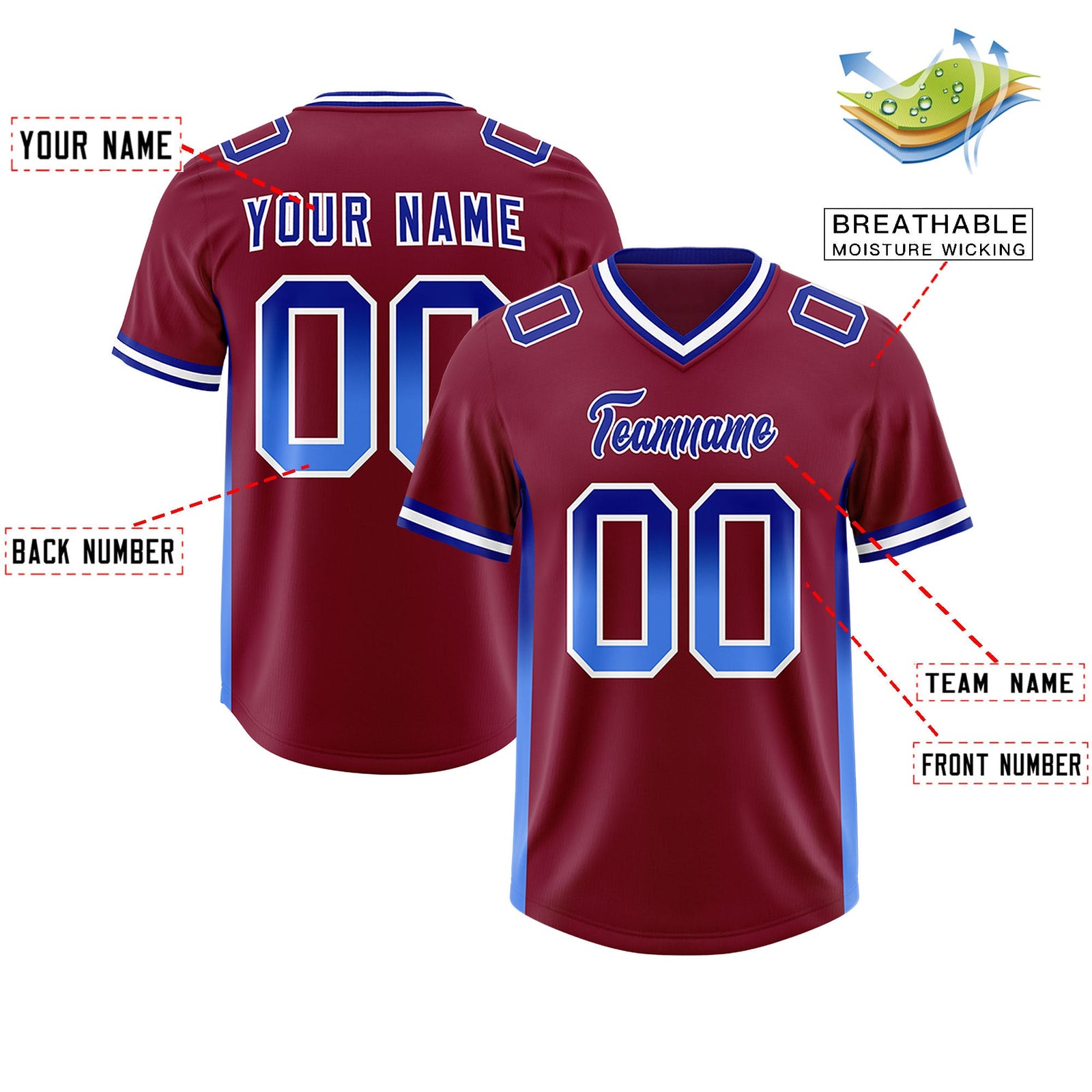 Custom Cardinal Royal and Powder Blue Sides Gradient Fashion Personalized Team Football Jersey