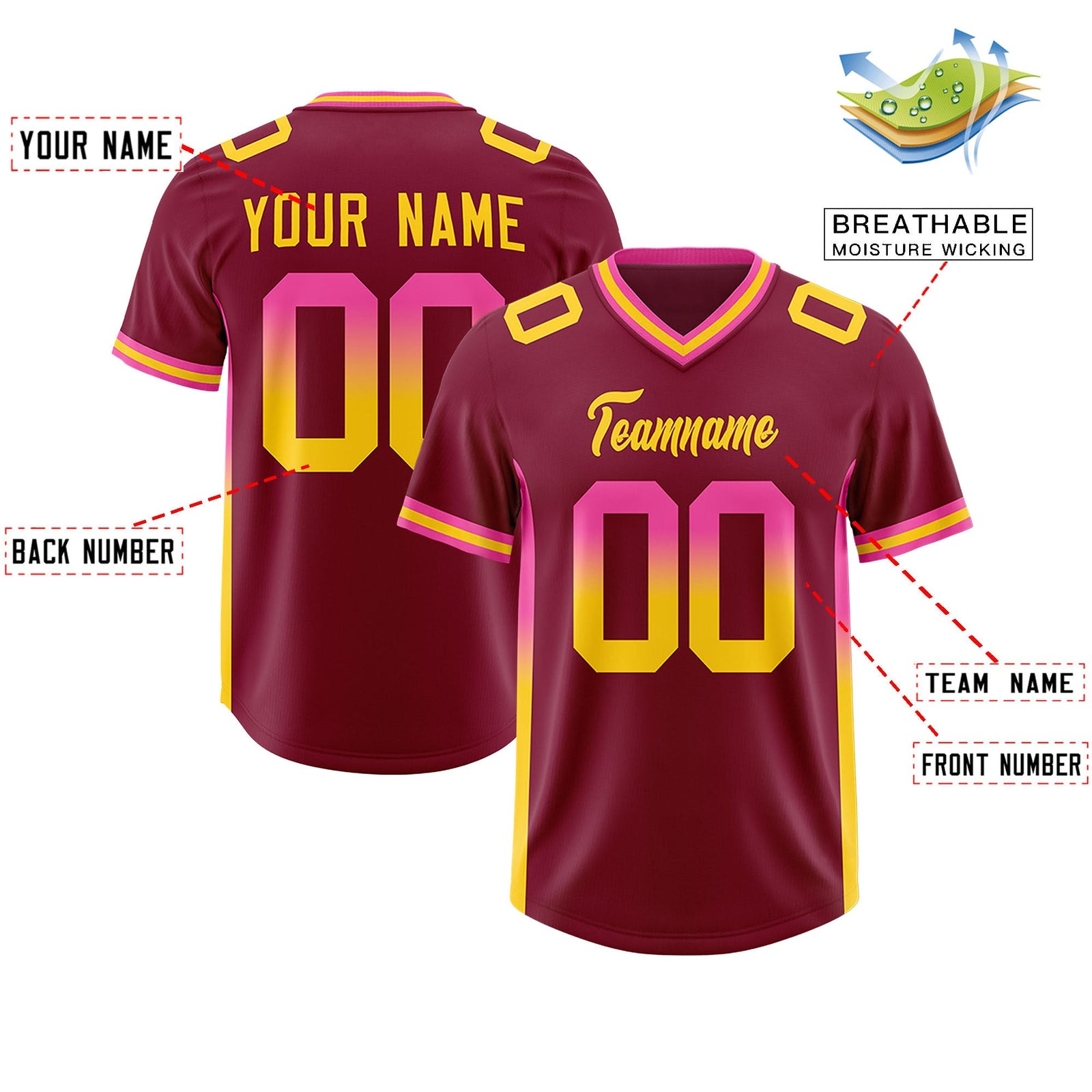 Custom Cardinal Pink and Gold Sides Gradient Fashion Personalized Team Football Jersey