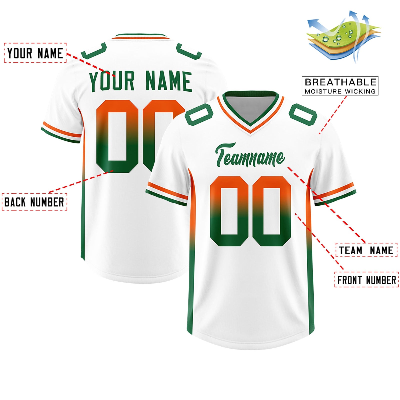 Custom White Orange and Kelly Green Sides Gradient Fashion Personalized Team Football Jersey