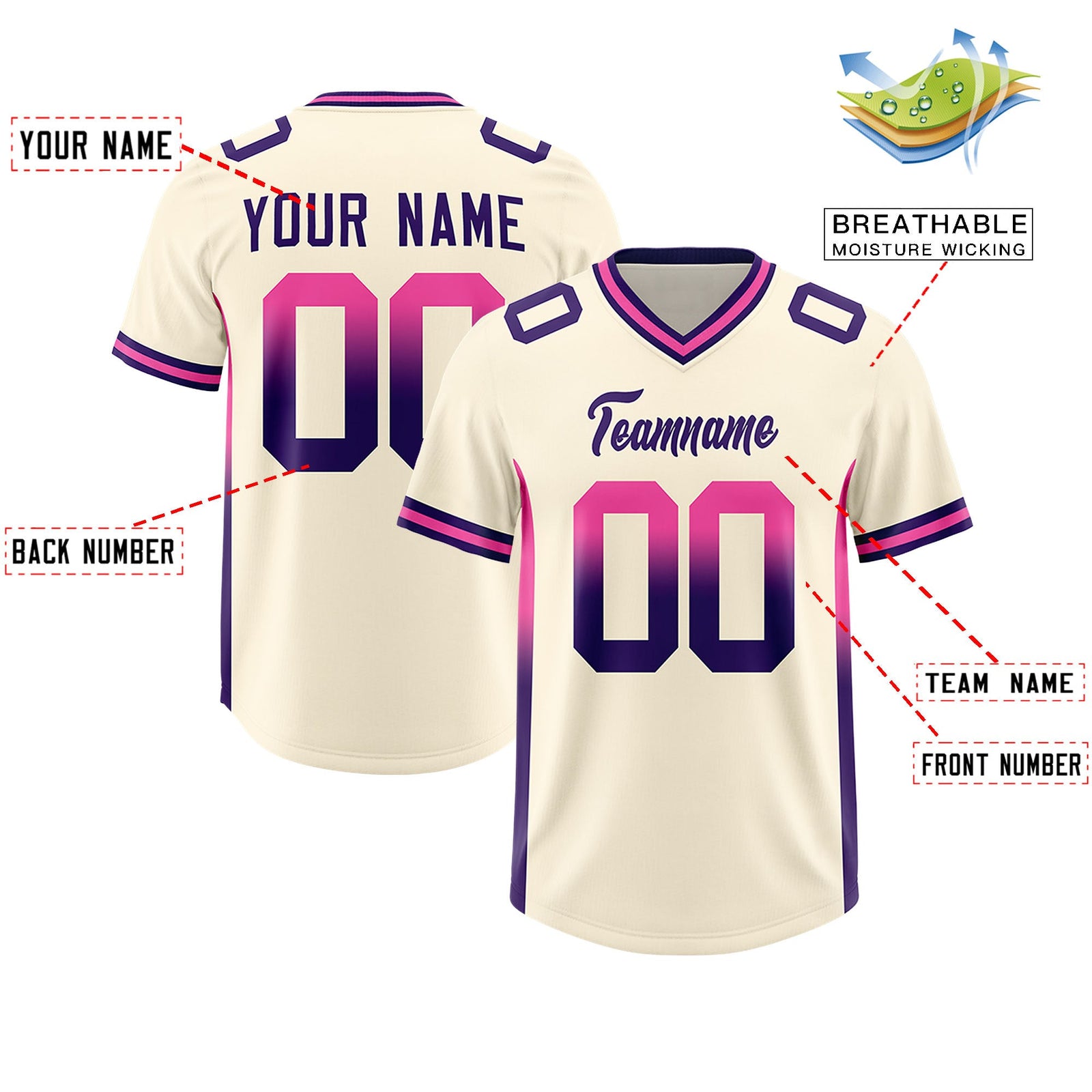 Custom Cream Pink and Purple Sides Gradient Fashion Personalized Team Football Jersey