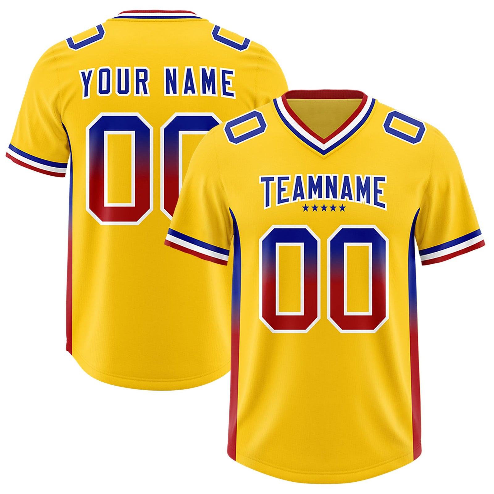Custom Gold Royal and Red Sides Gradient Fashion Personalized Team Football Jersey