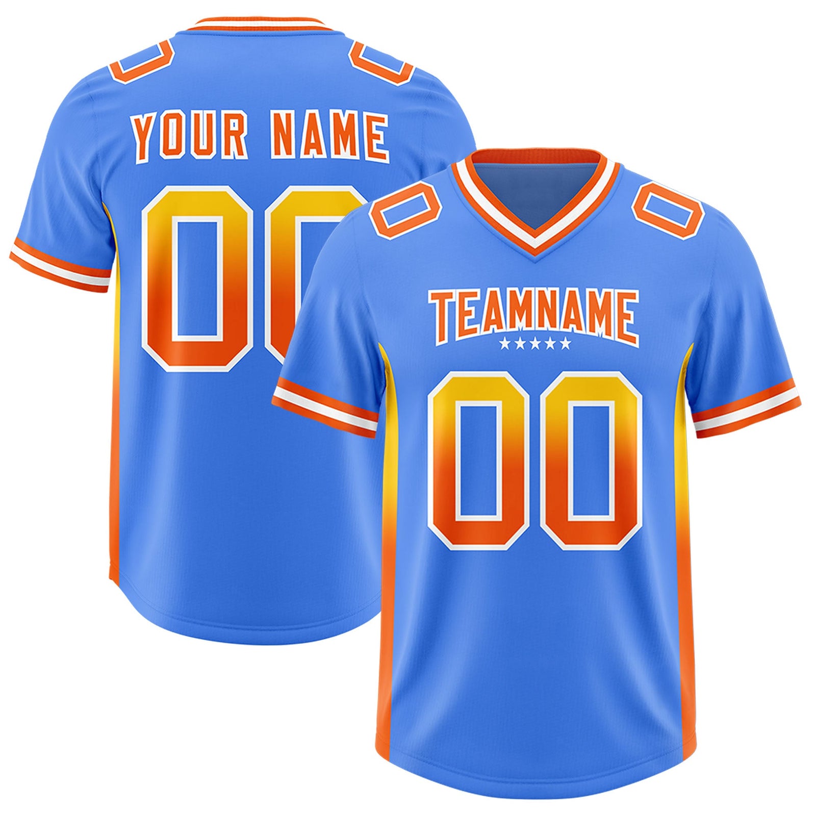 Custom Powder Blue Gold and Sides Gradient Fashion Personalized Team Football Jersey