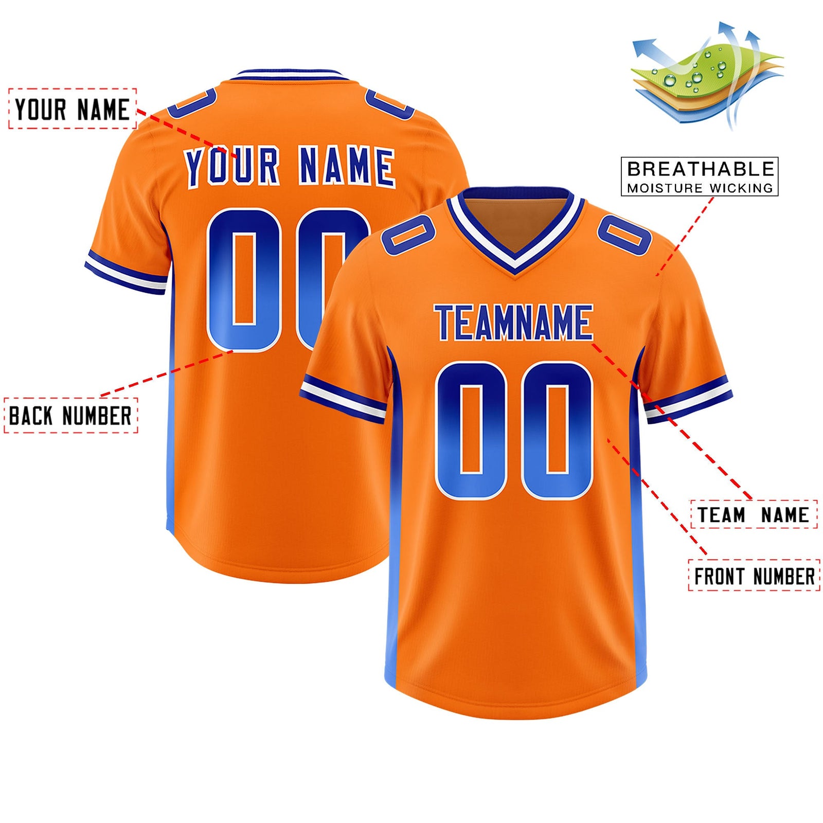 Custom Orange Royal and Powder Blue Sides Gradient Fashion Personalized Team Football Jersey