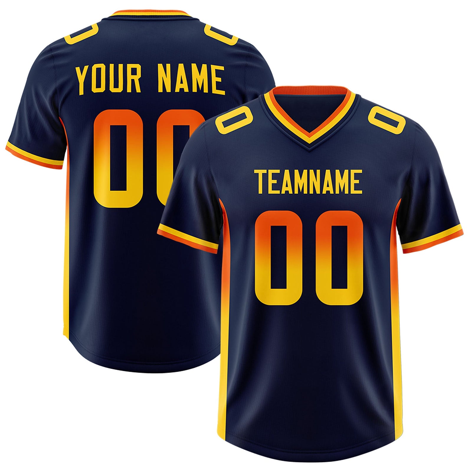 Custom Navy Orange and Gold Sides Gradient Fashion Personalized Team Football Jersey