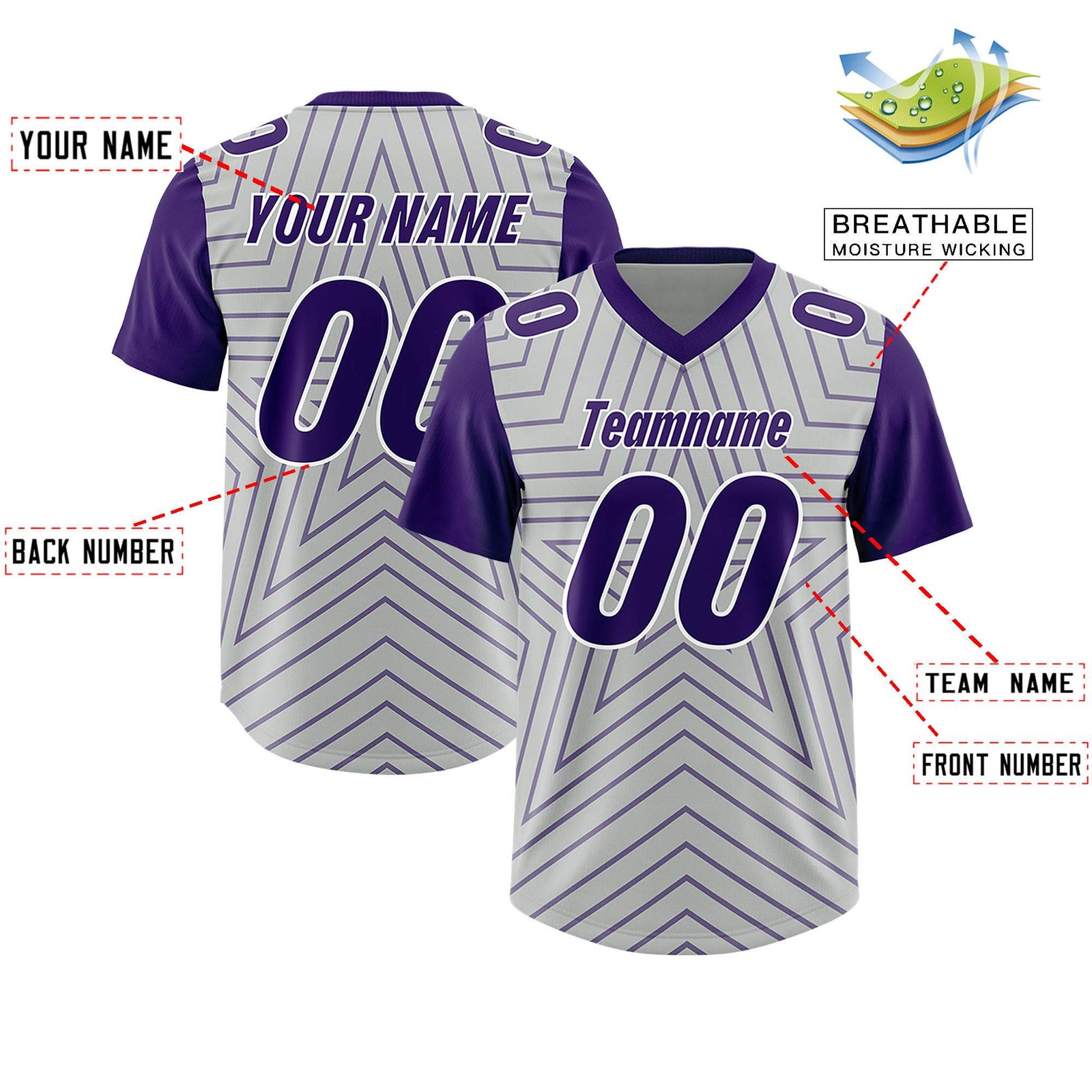 Custom Gray Purple Personalized Star Pattern Raglan Sleeves Authentic Football Jersey