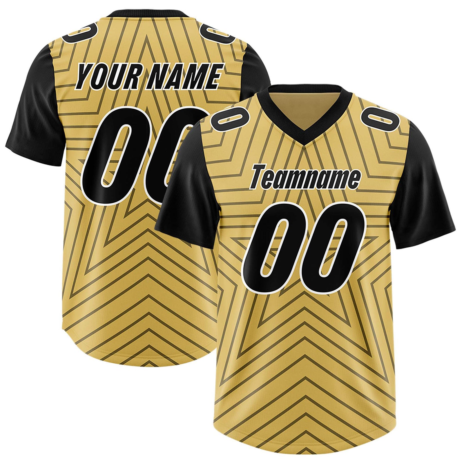 Custom Old Gold Black Personalized Star Pattern Raglan Sleeves Authentic Football Jersey