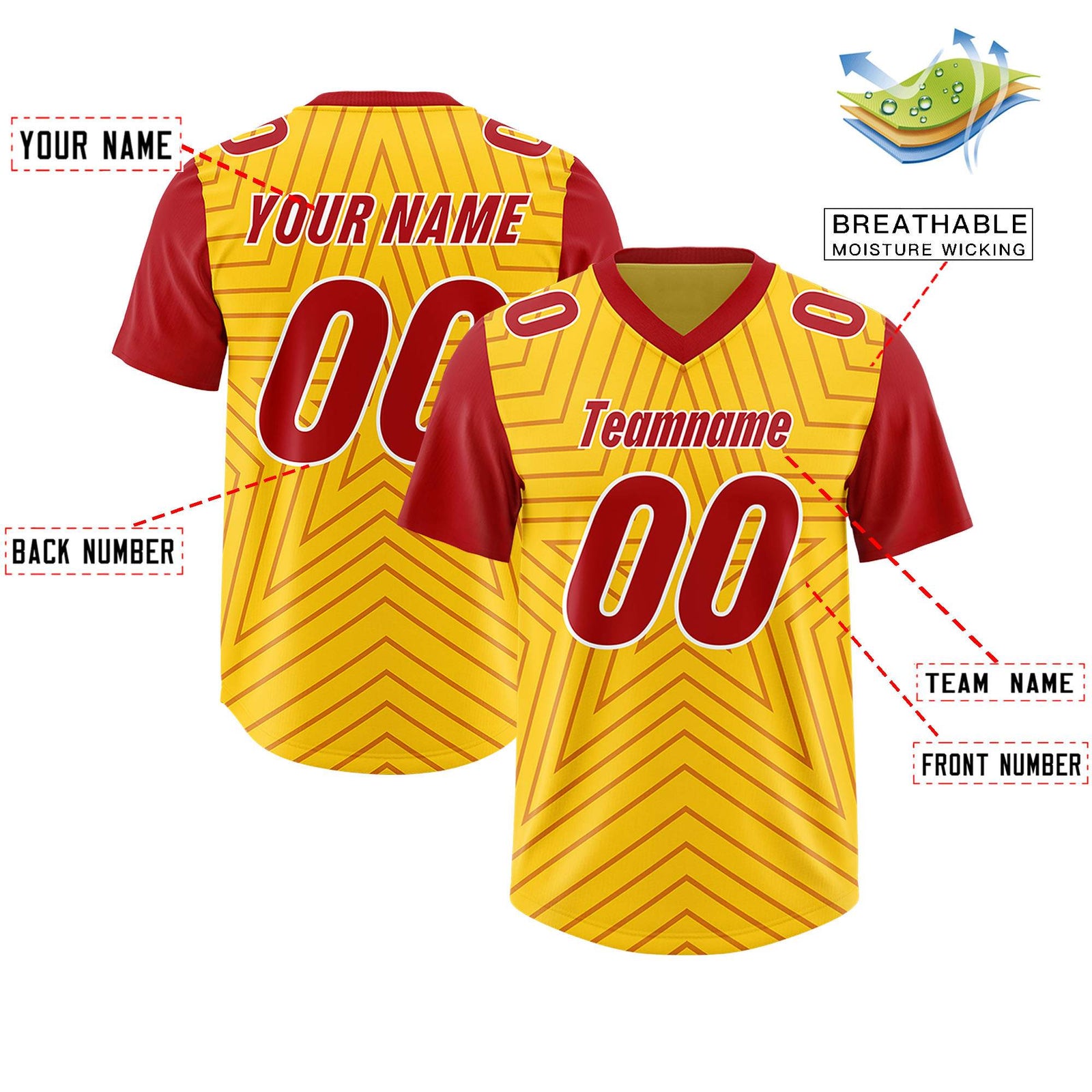 Custom Gold Red Personalized Star Pattern Raglan Sleeves Authentic Football Jersey