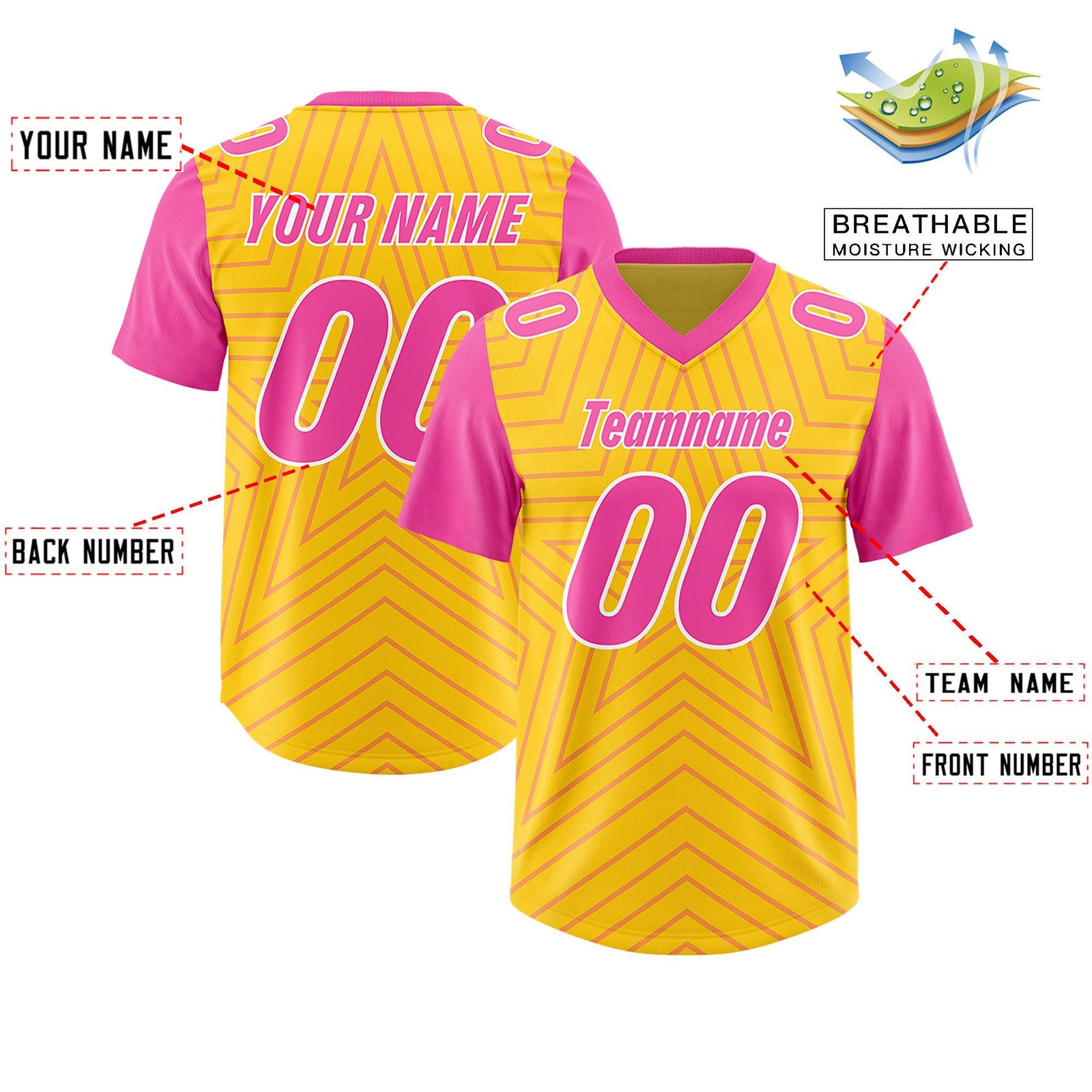 Custom Gold Pink Personalized Star Pattern Raglan Sleeves Authentic Football Jersey