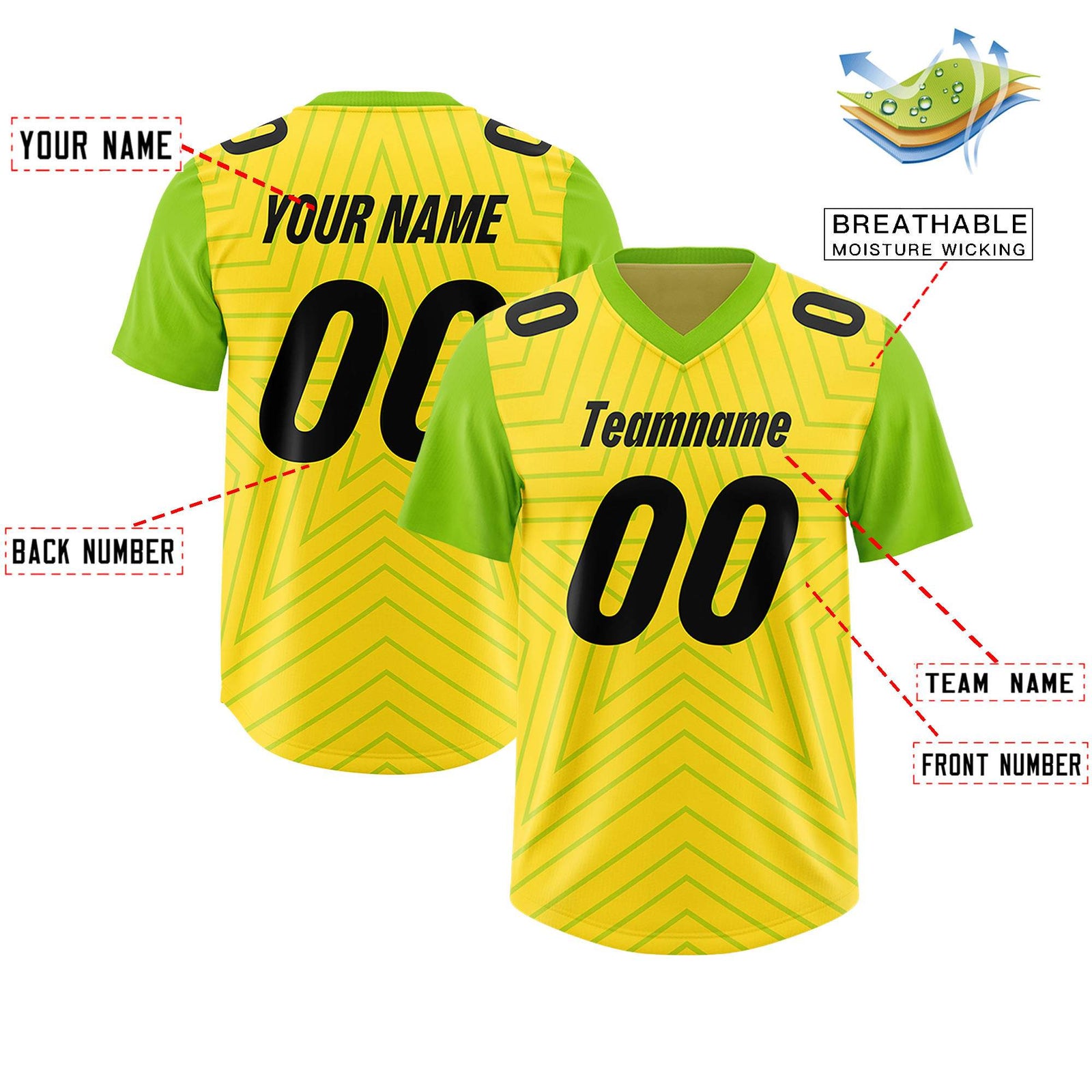 Custom Gold Neon Green Personalized Star Pattern Raglan Sleeves Authentic Football Jersey